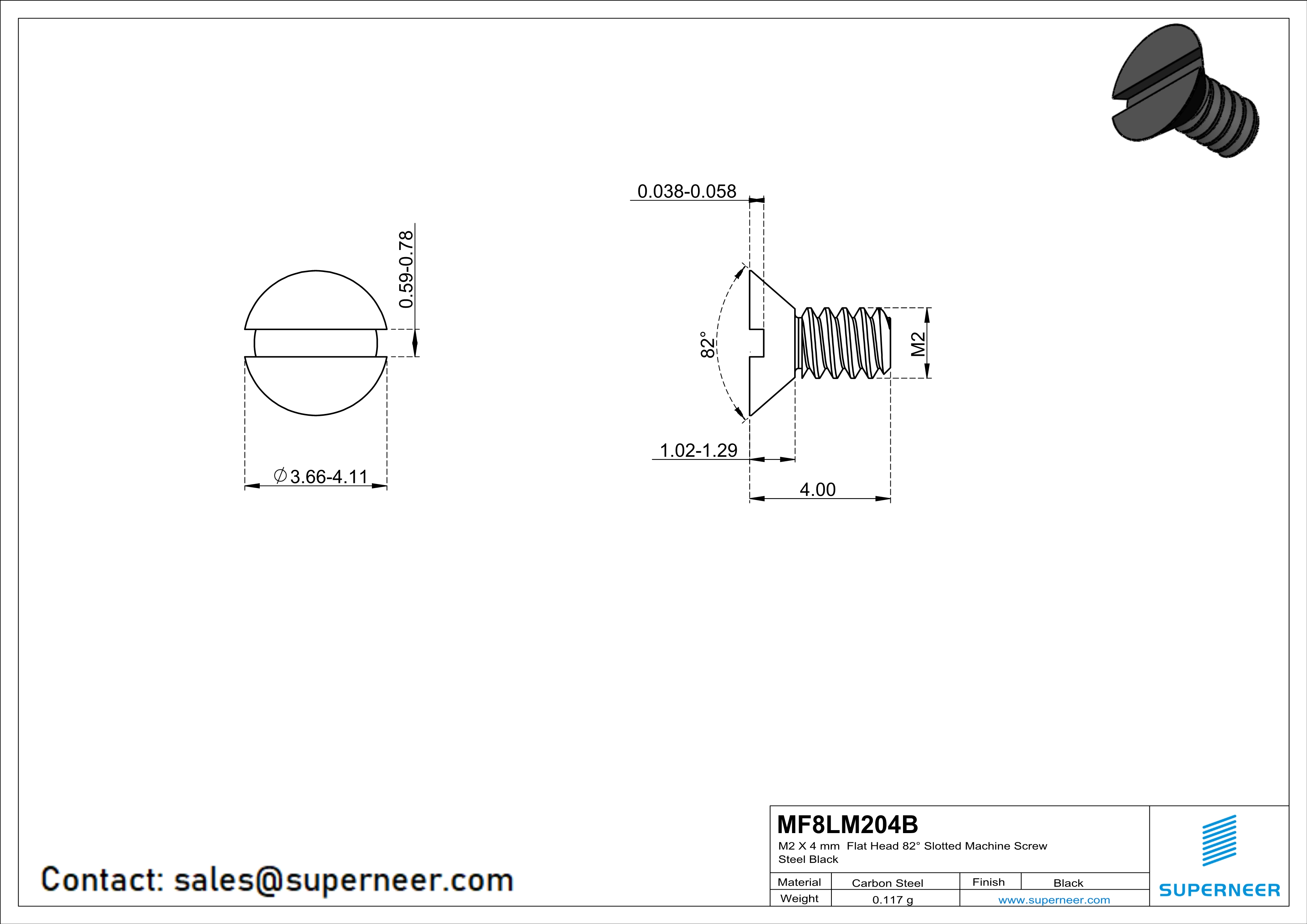 M2 x 4 mm Flat Head 82° Slotted Machine Screw Steel Black