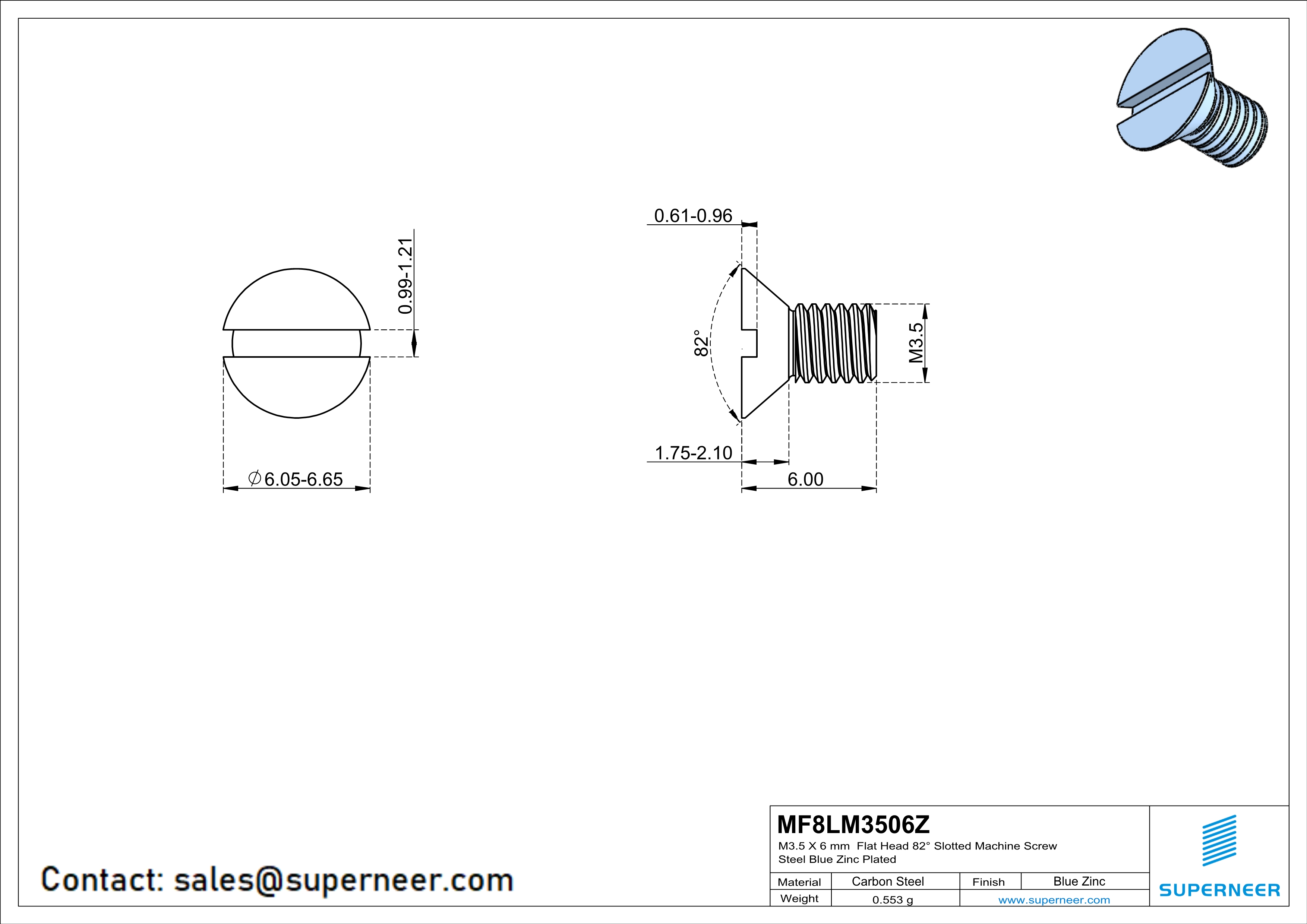 M3.5 x 6 mm Flat Head 82° Slotted Machine Screw Steel Blue Zinc Plated