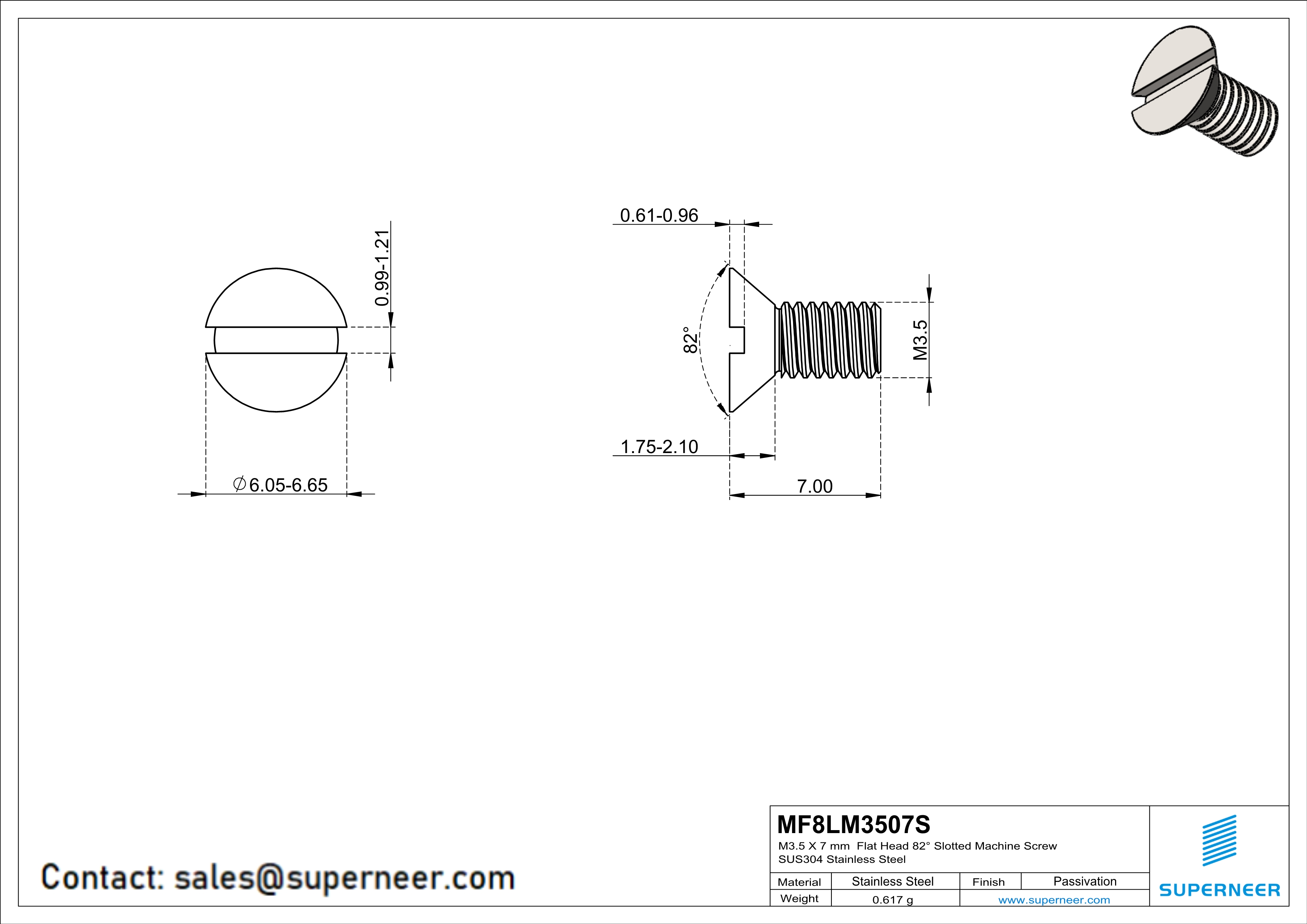 M3.5 x 7 mm  Flat Head 82° Slotted Machine Screw SUS304 Stainless Steel Inox