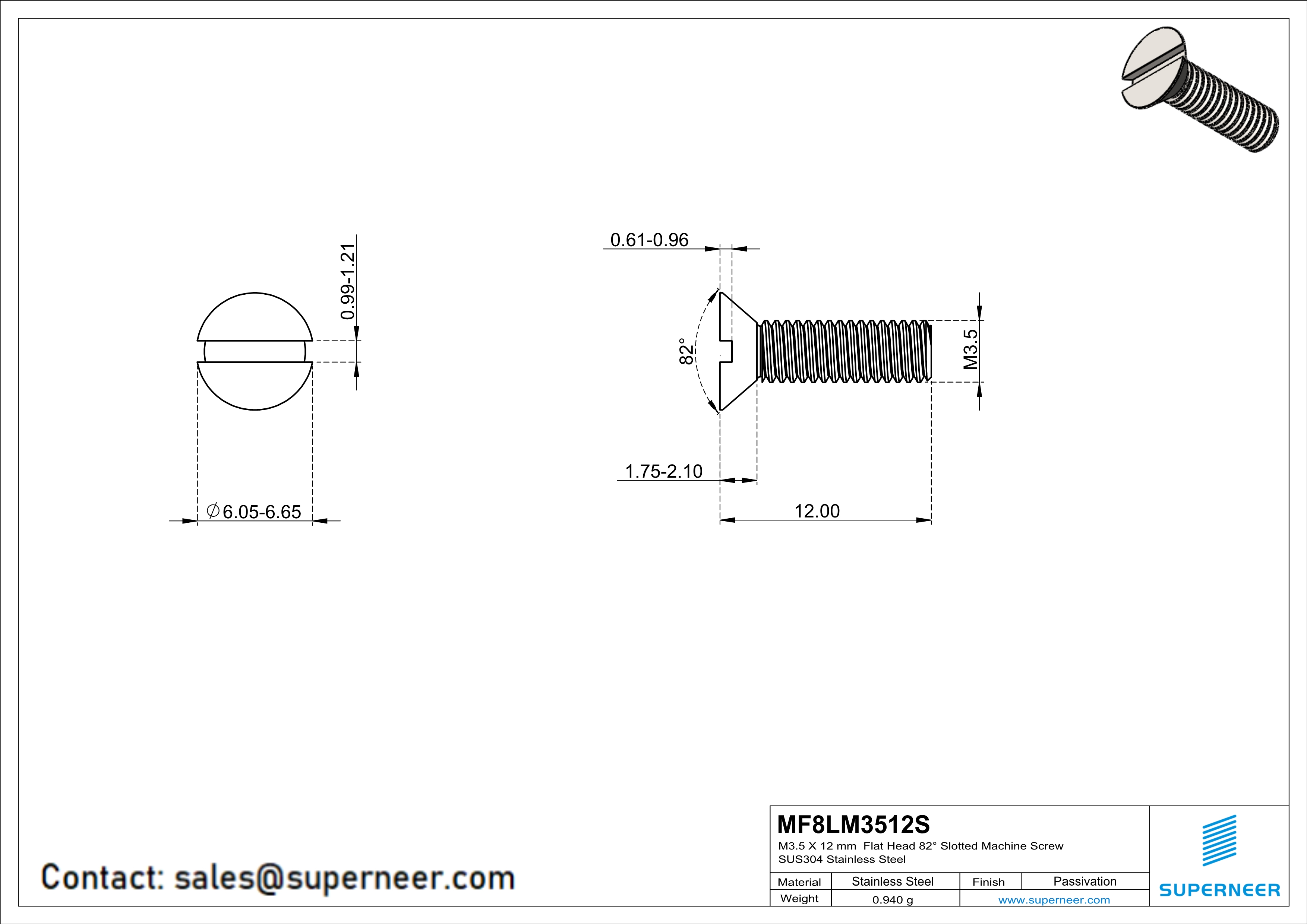 M3.5 x 12 mm  Flat Head 82° Slotted Machine Screw SUS304 Stainless Steel Inox