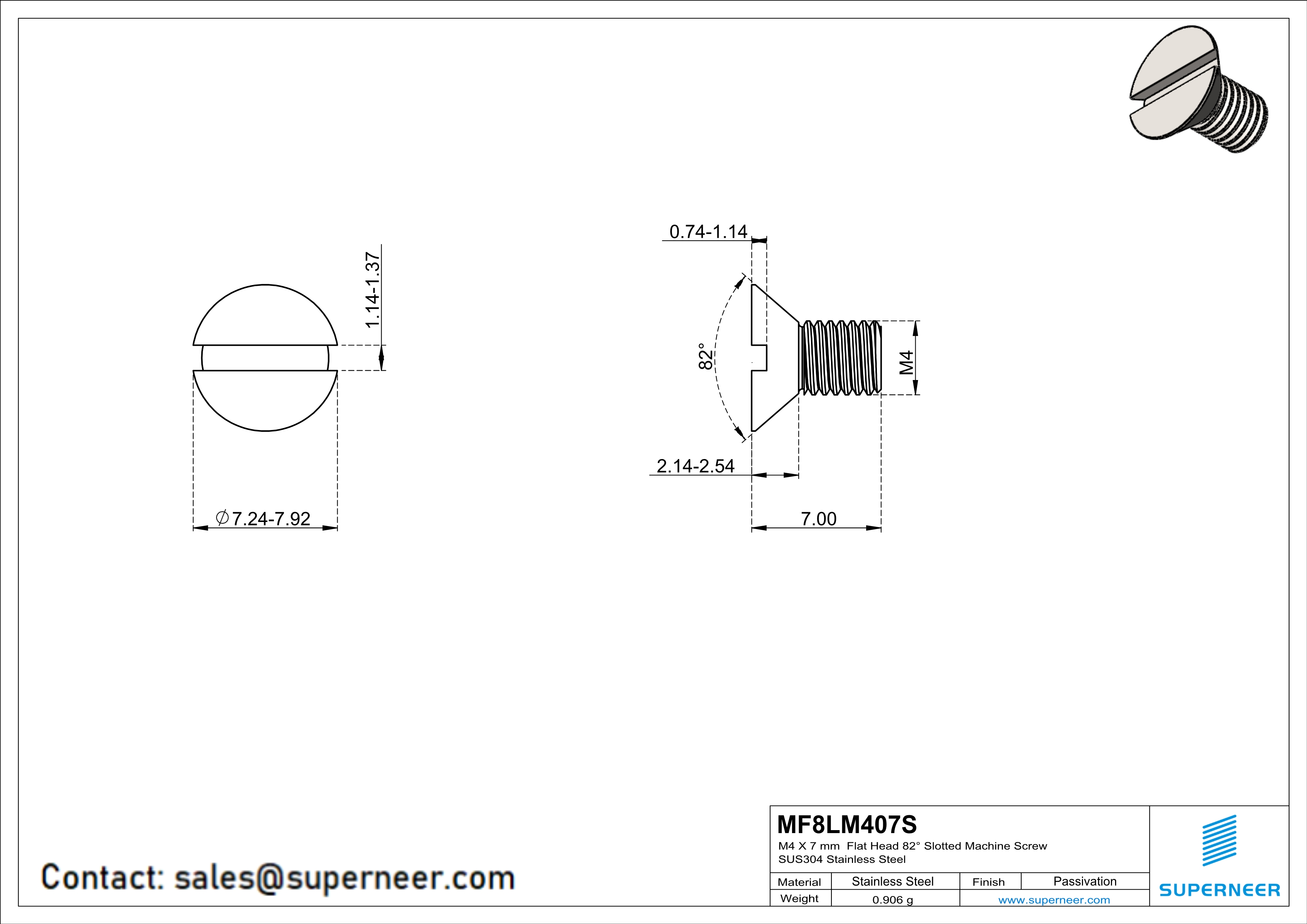 M4 x 7 mm  Flat Head 82° Slotted Machine Screw SUS304 Stainless Steel Inox