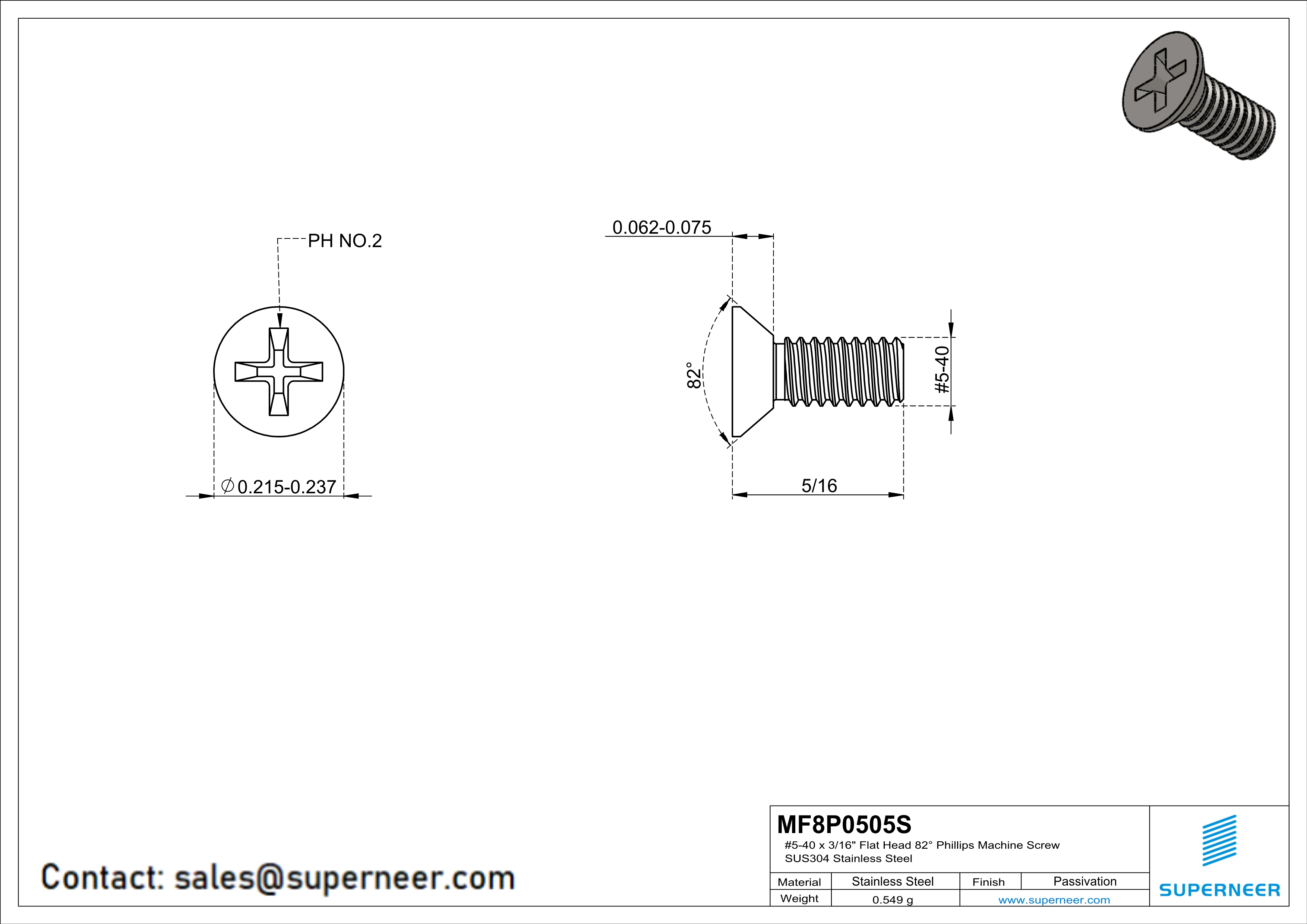 5-40 x 5/16" Flat Head 82° Phillips Machine Screw SUS304 Stainless Steel Inox