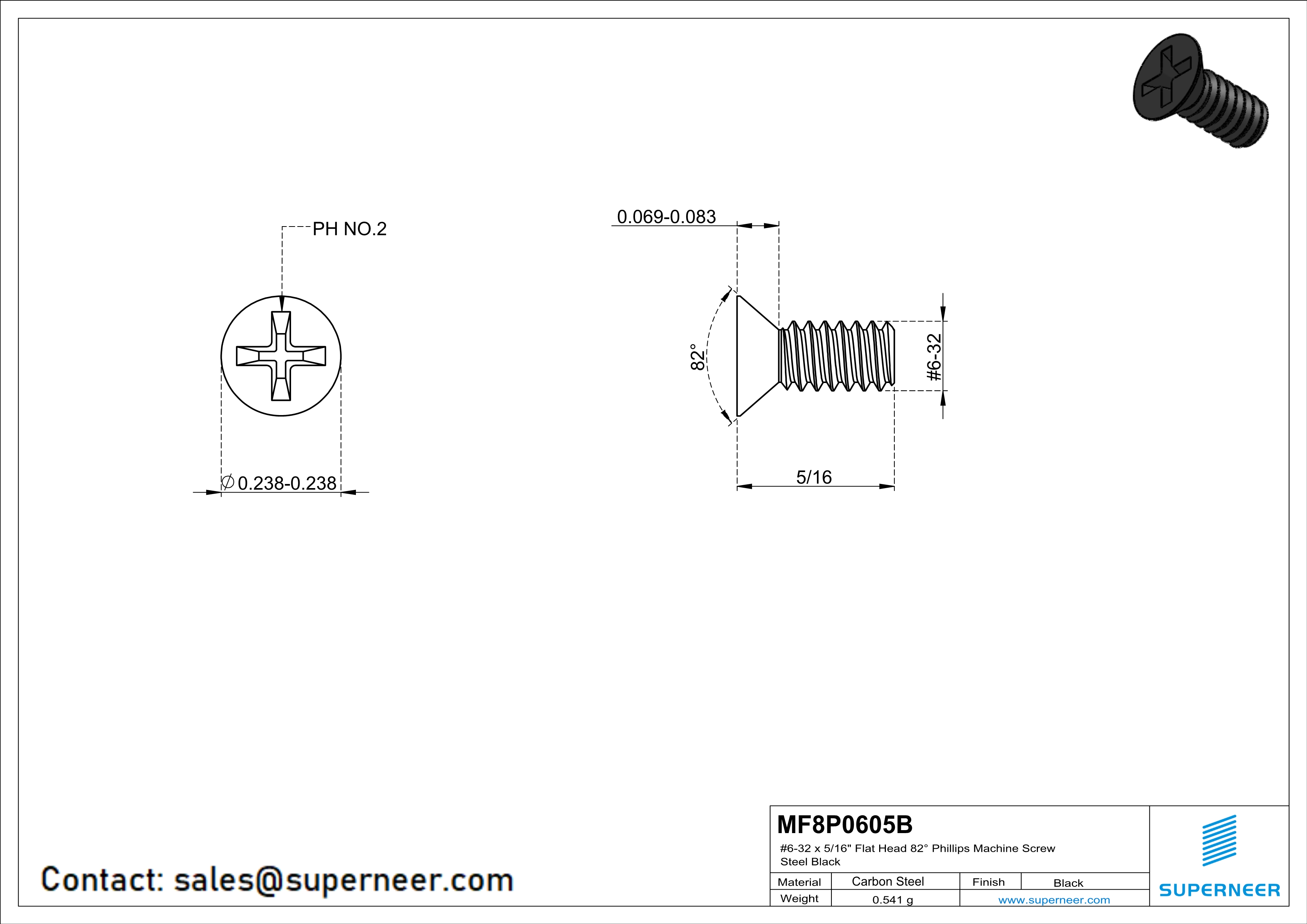 6-32 x 5/16" Flat Head 82° Phillips Machine Screw Steel Black