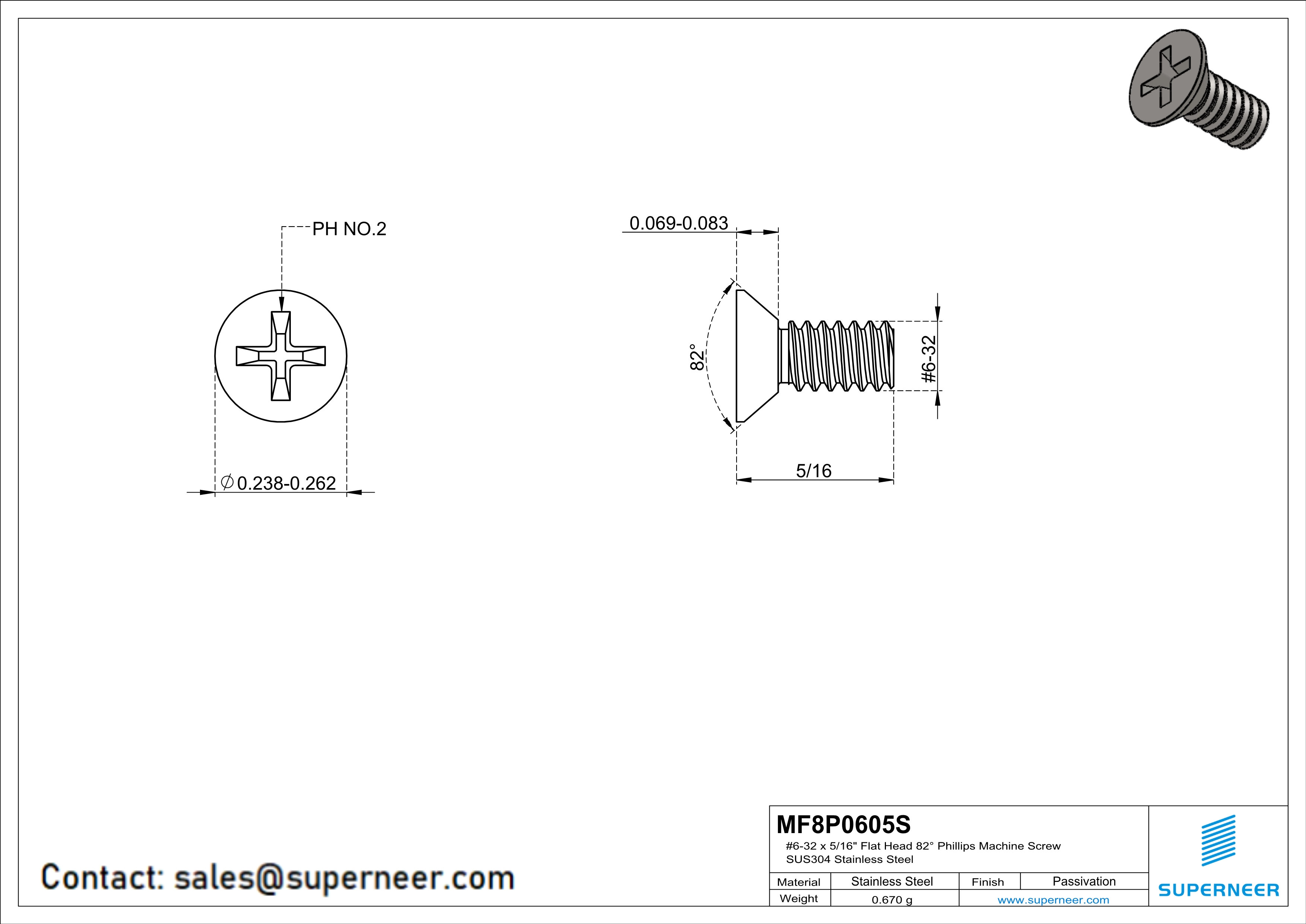6-32 x 5/16" Flat Head 82° Phillips Machine Screw SUS304 Stainless Steel Inox