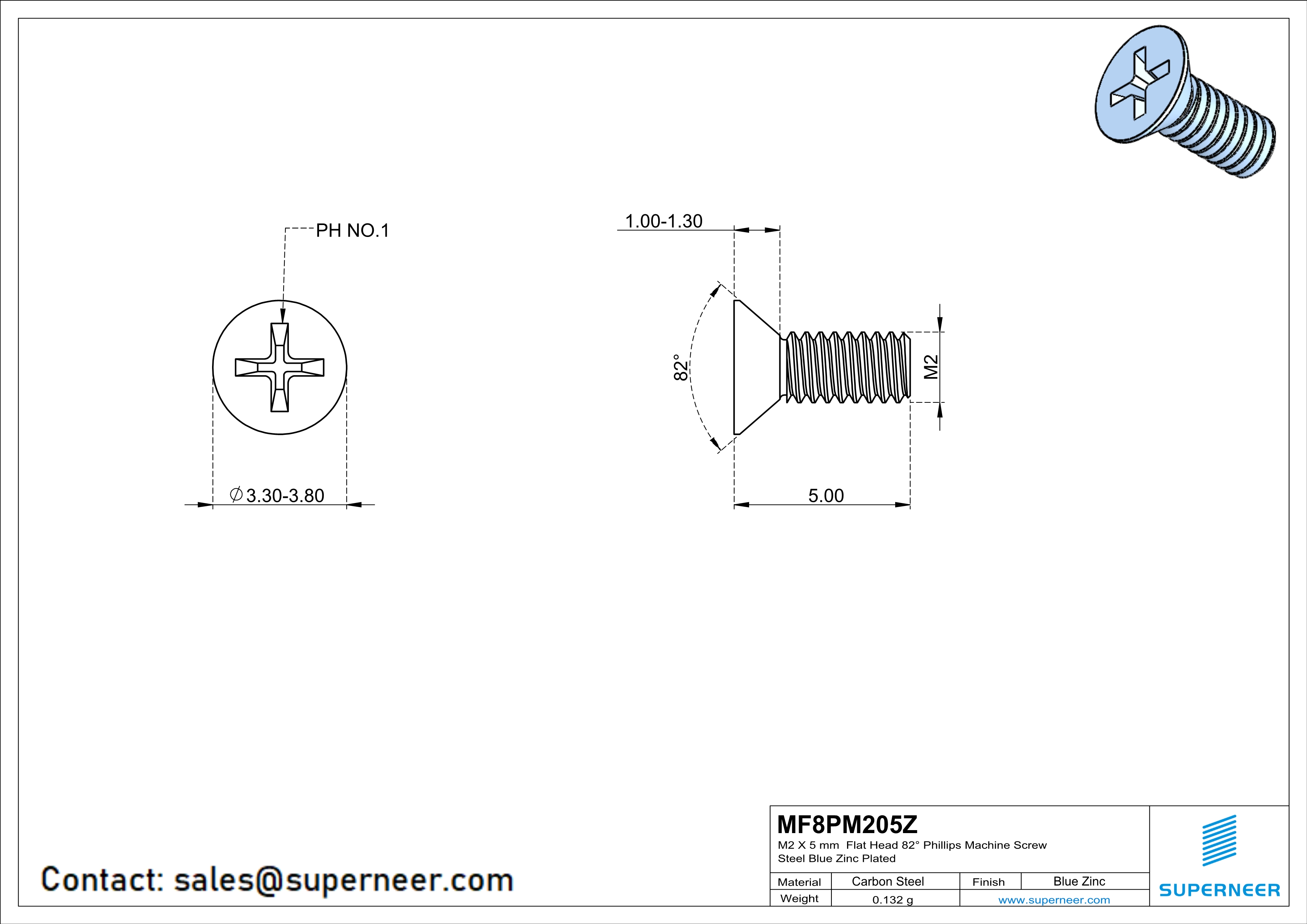 M2 x 5 mm Flat Head 82° Phillips Machine Screw Steel Blue Zinc Plated