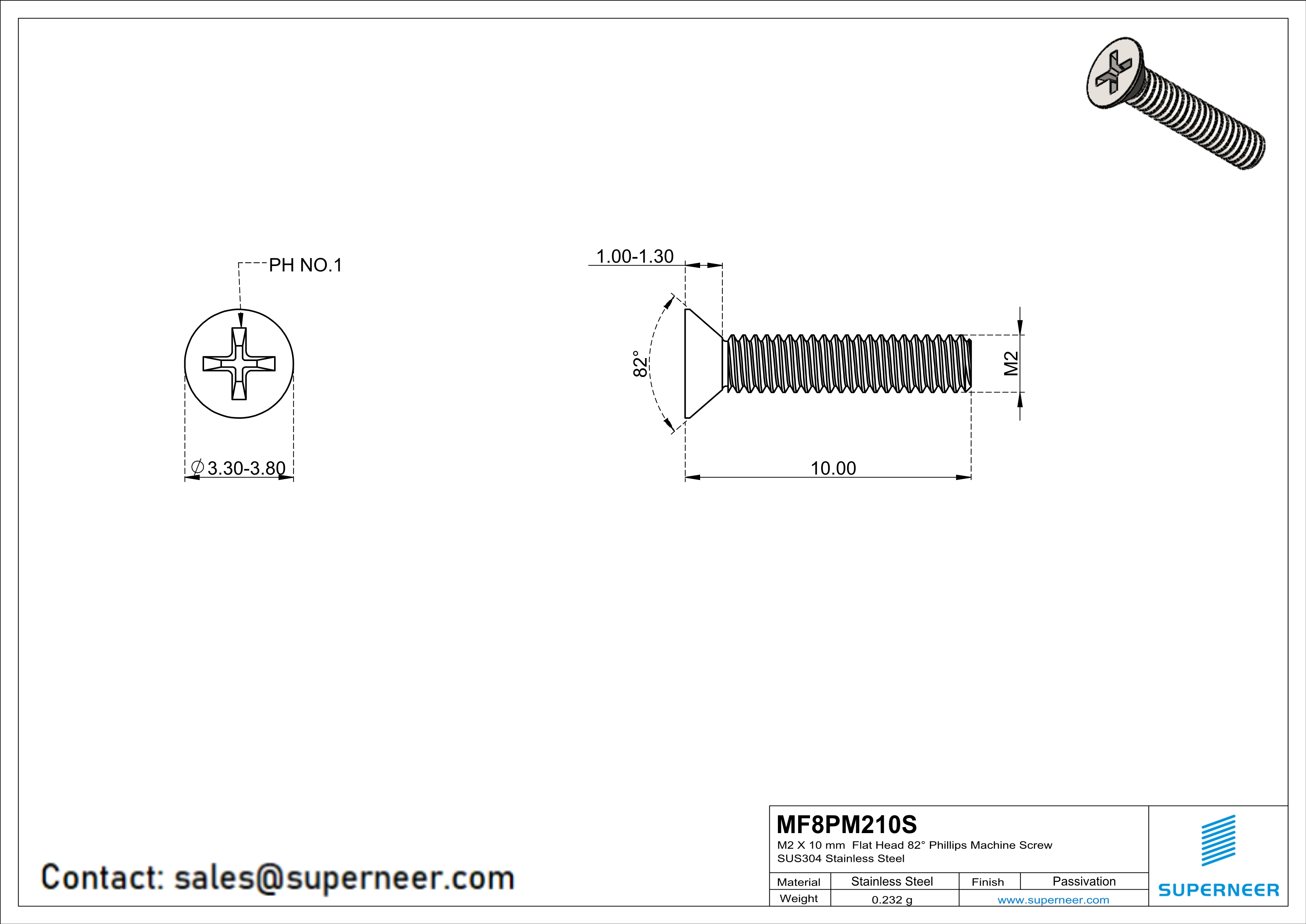 M2 x 10 mm  Flat Head 82° Phillips Machine Screw SUS304 Stainless Steel Inox