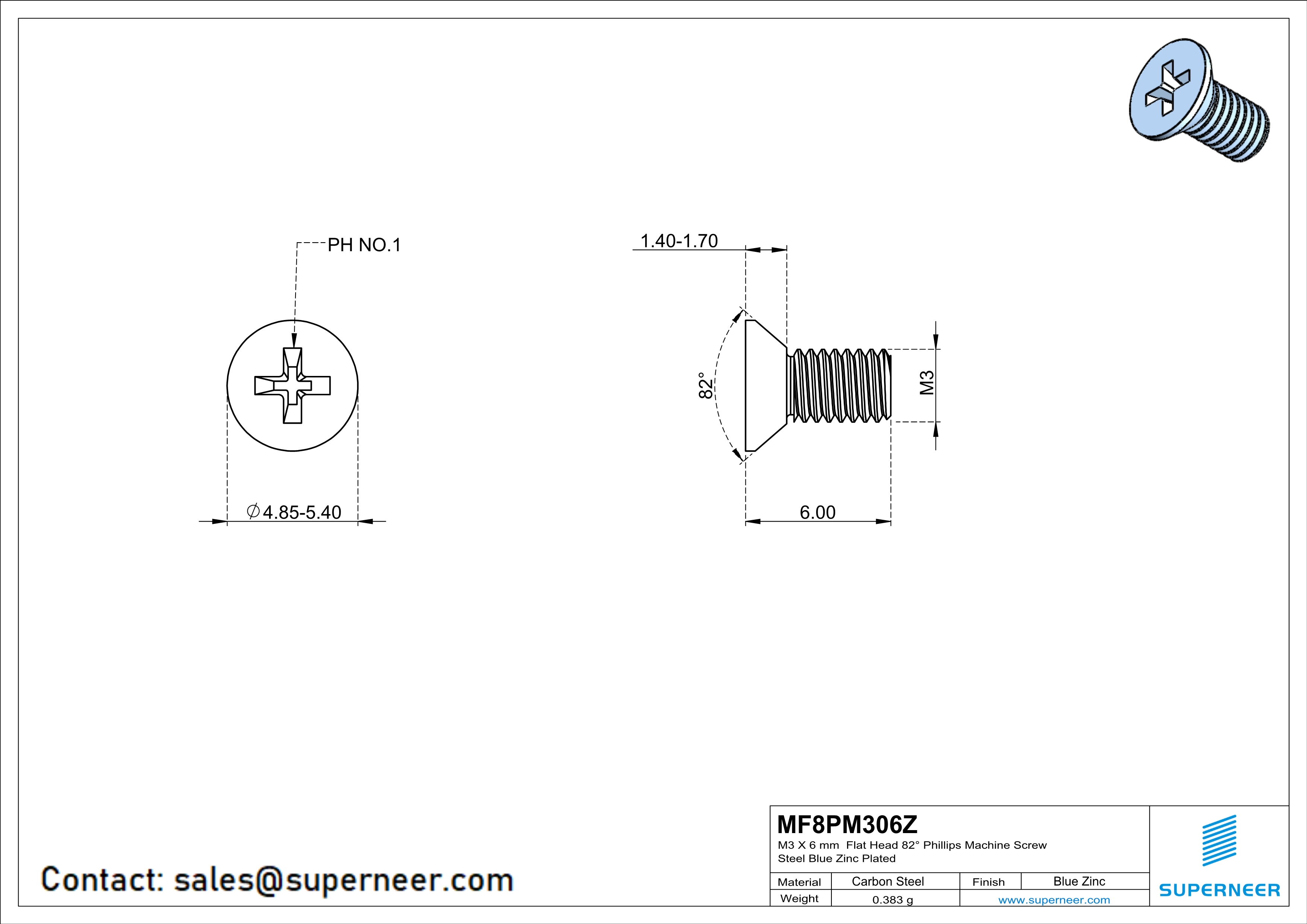 M3 x 6 mm Flat Head 82° Phillips Machine Screw Steel Blue Zinc Plated