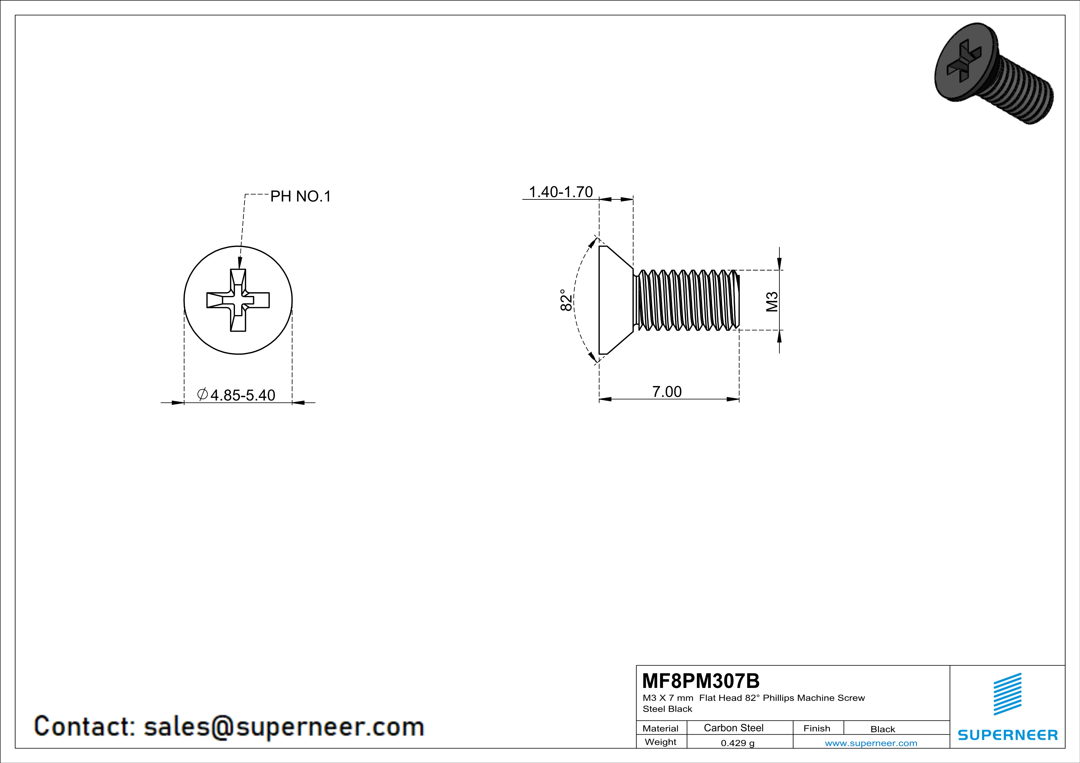 M3 x 7 mm Flat Head 82° Phillips Machine Screw Steel Black