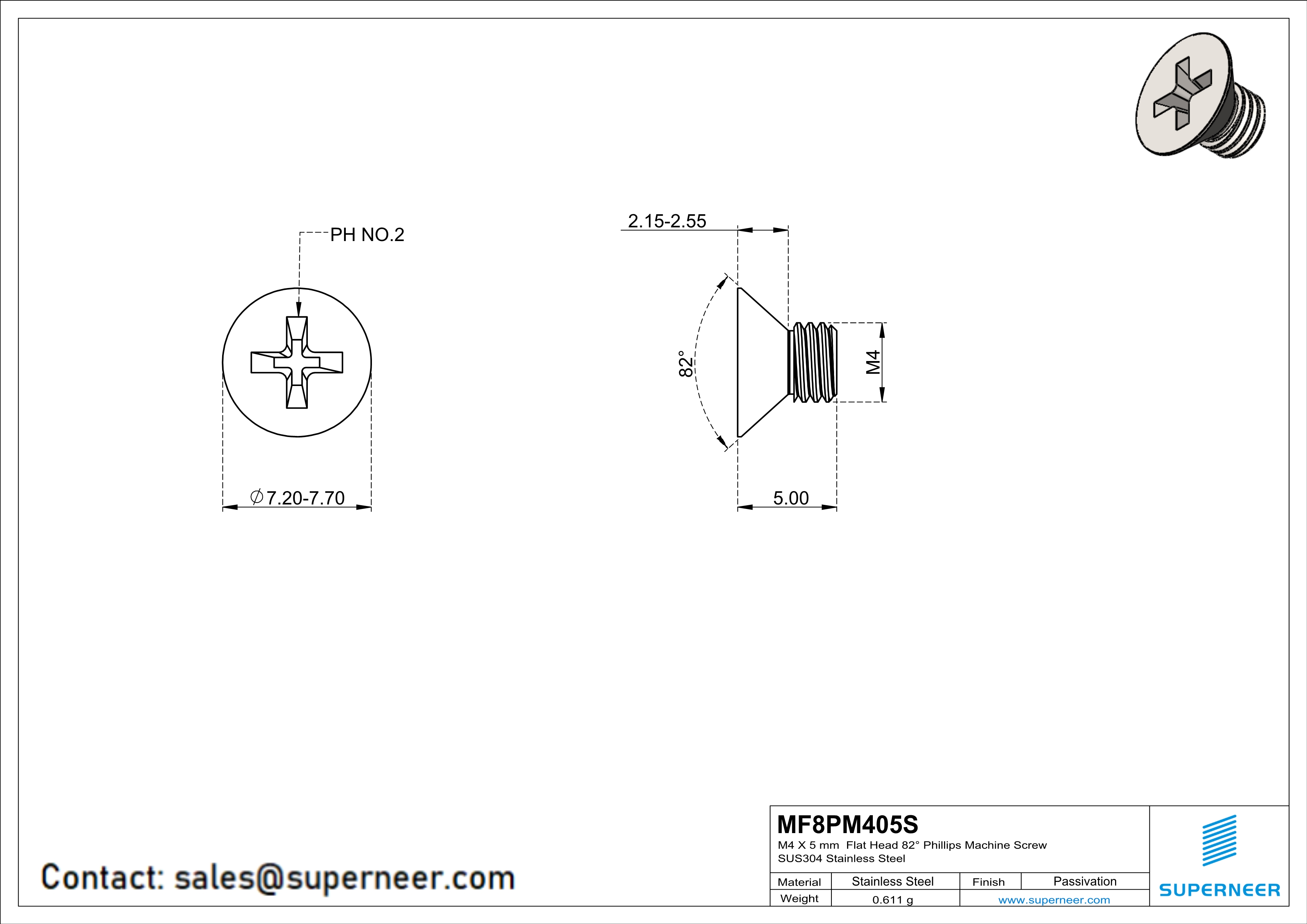 M4 x 5 mm  Flat Head 82° Phillips Machine Screw SUS304 Stainless Steel Inox