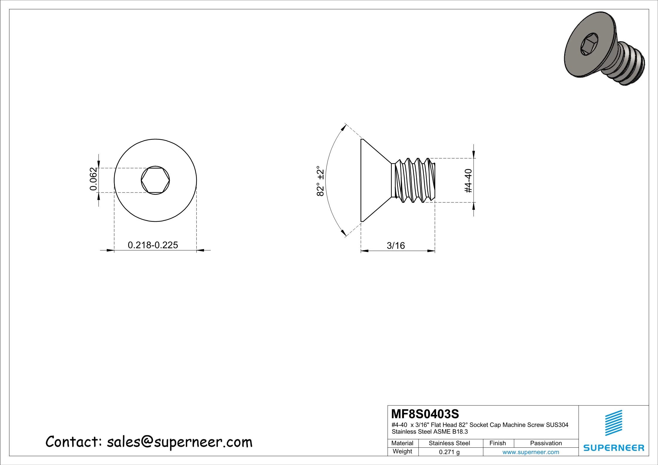 4-40 x 3/16" Flat Head 82° Socket Cap Machine Screw SUS304 Stainless Steel Inox ASME B18.3