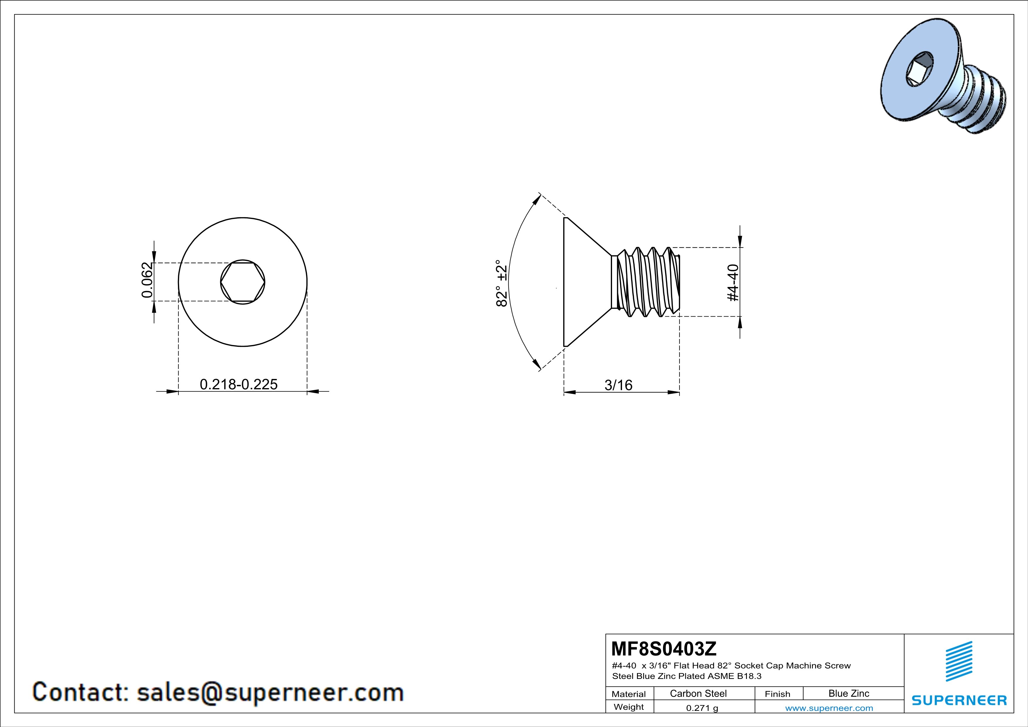 4-40 x 3/16" Flat Head 82° Socket Cap Machine Screw Steel Blue Zinc Plated ASME B18.3