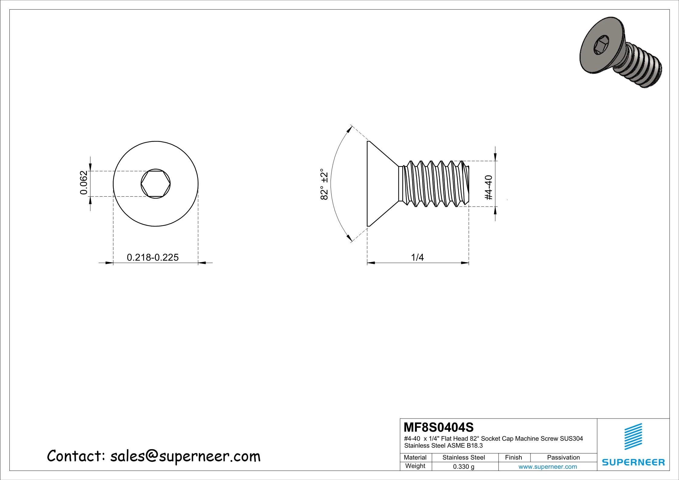 4-40 x 1/4" Flat Head 82° Socket Cap Machine Screw SUS304 Stainless Steel Inox ASME B18.3