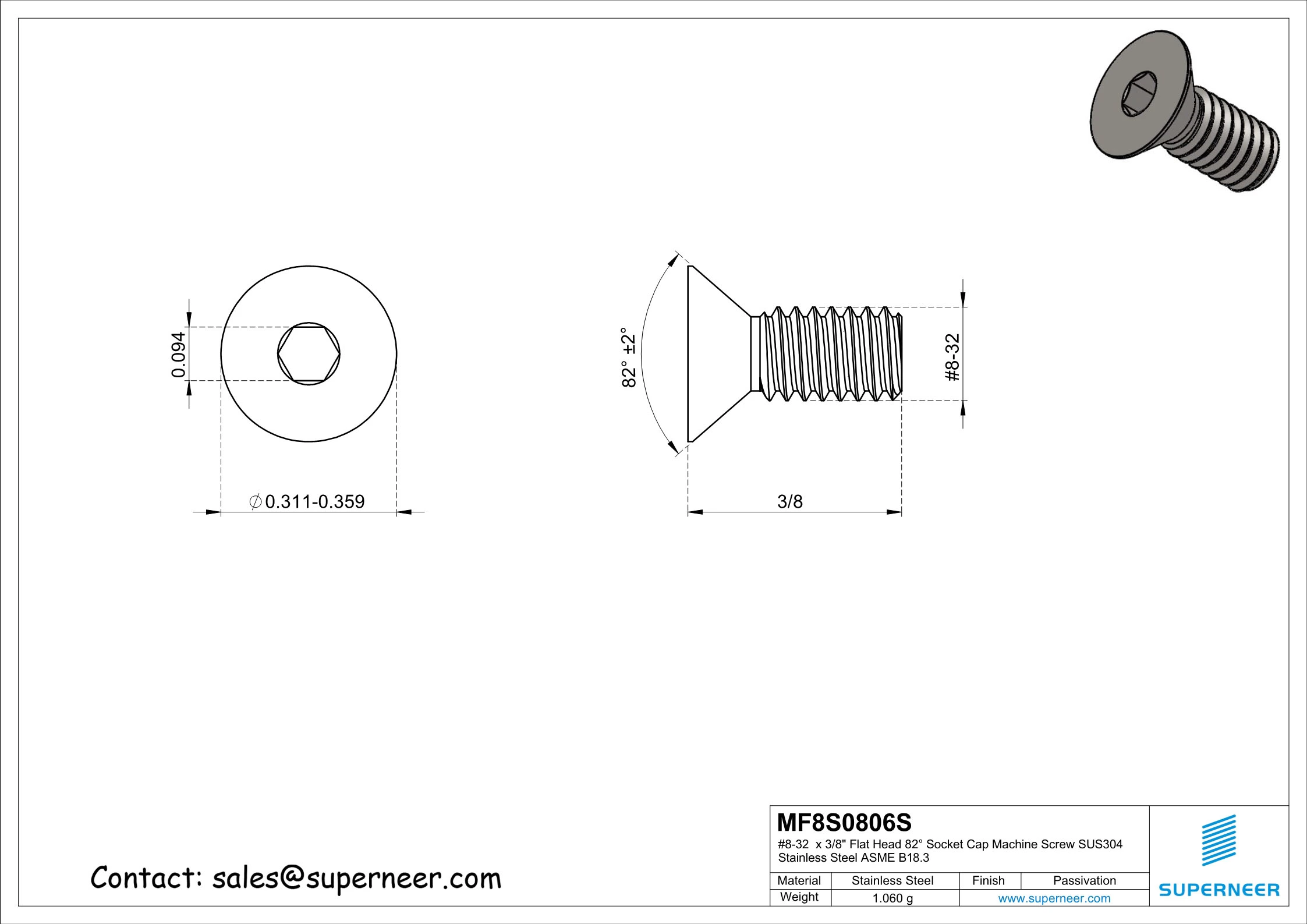 8-32 x 3/8 " Flat Head 82° Socket Cap Machine Screw SUS304 Stainless Steel Inox ASME B18.3