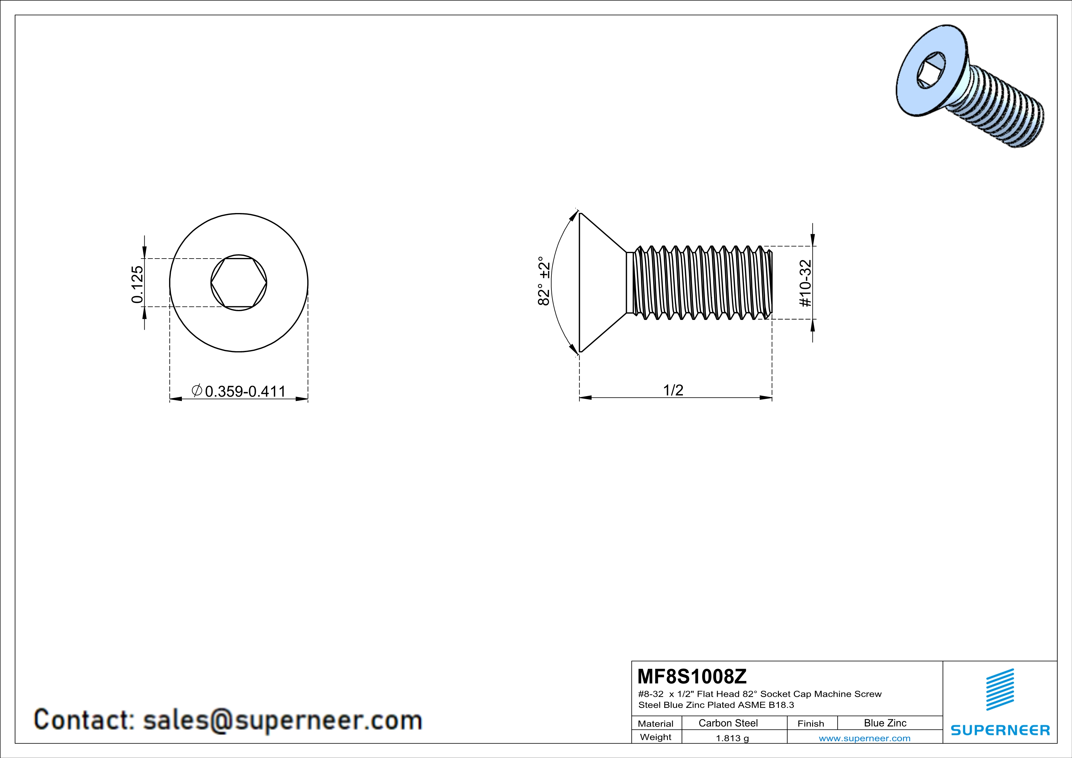 10-32 x 1/2"Flat Head 82° Socket Cap Machine Screw Steel Blue Zinc Plated ASME B18.3