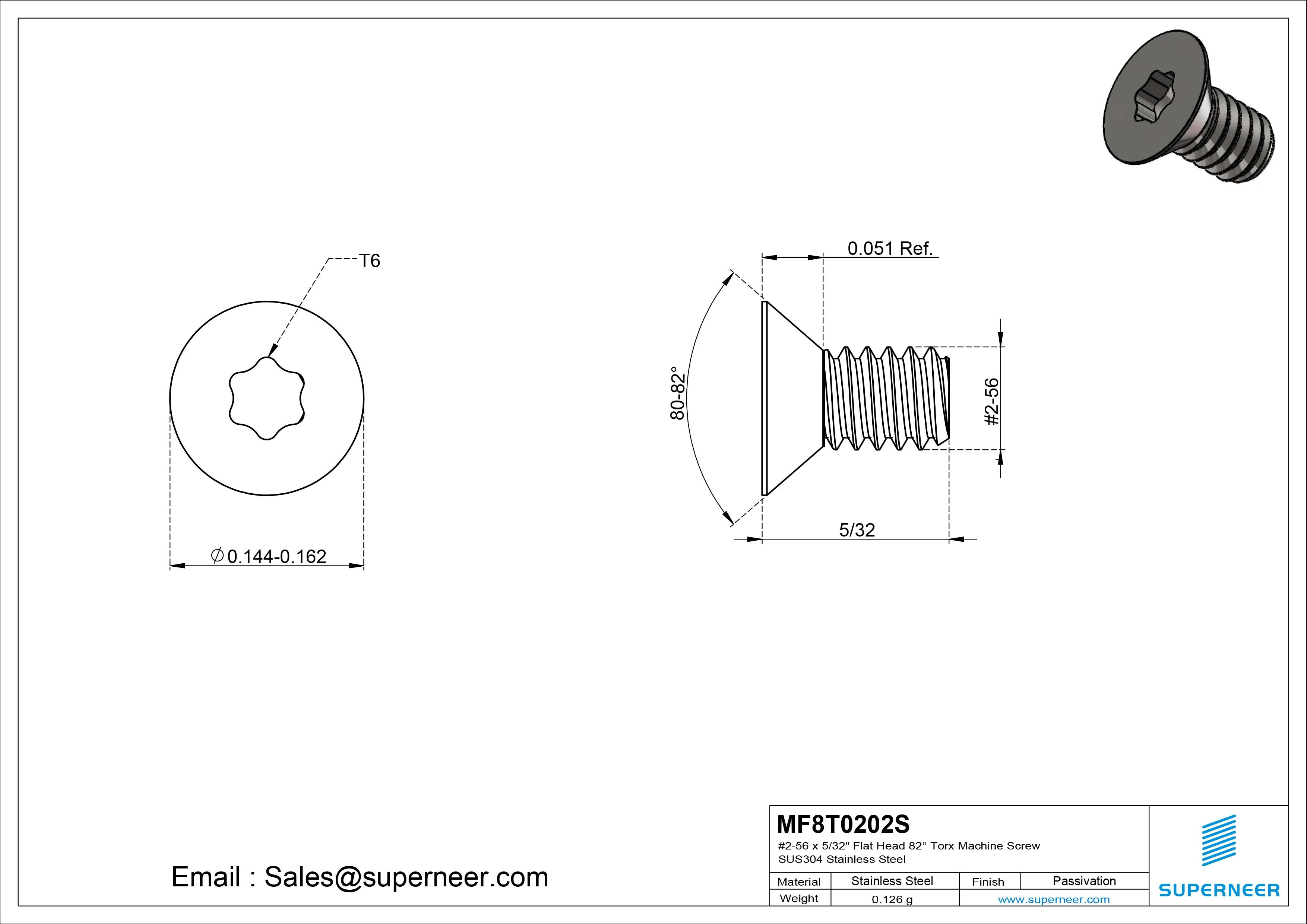 #2-56 x 5/32" Flat Head 82° Torx Machine Screw SUS304 Stainless Steel