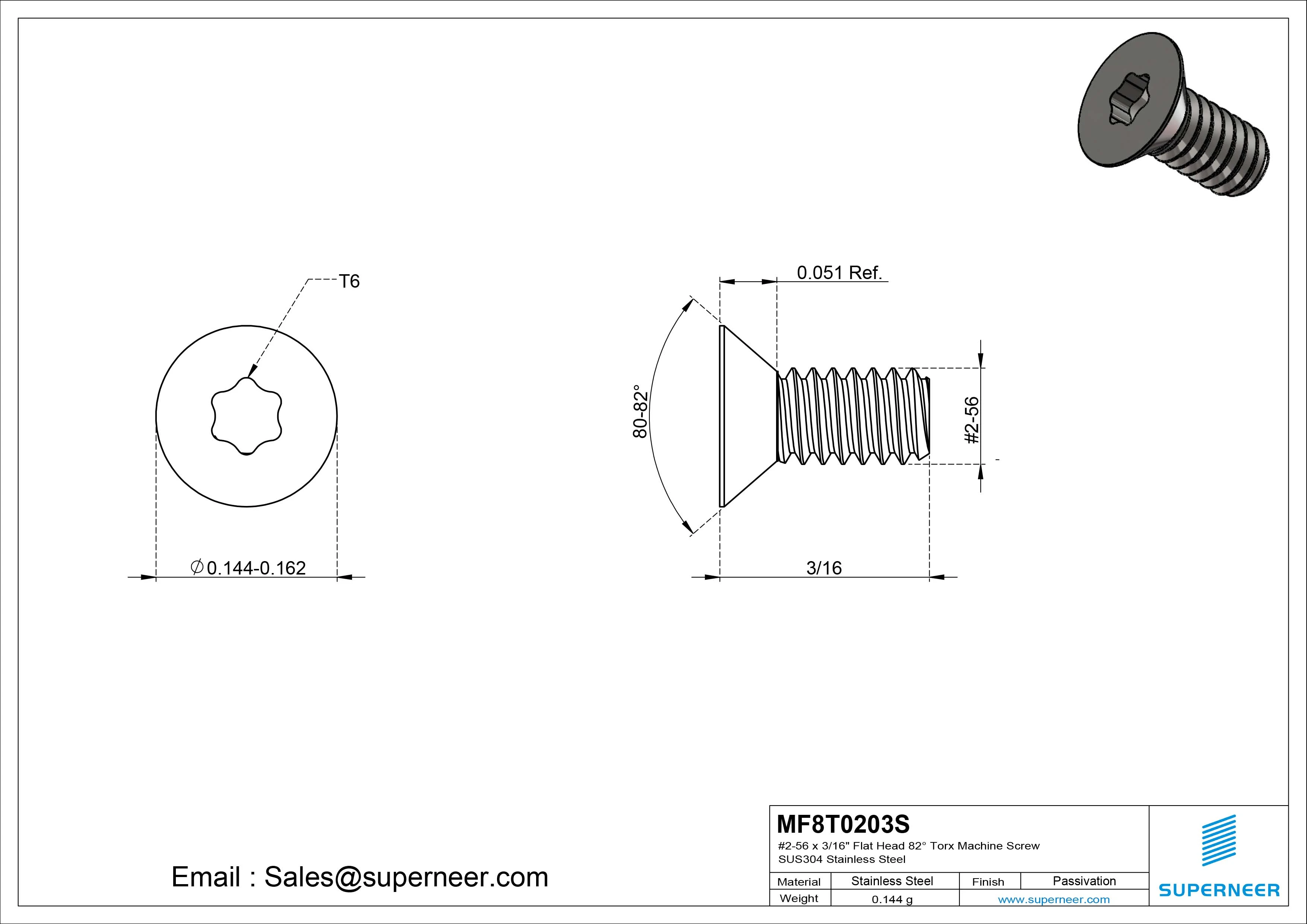 #2-56 x 3/16" Flat Head 82° Torx Machine Screw SUS304 Stainless Steel