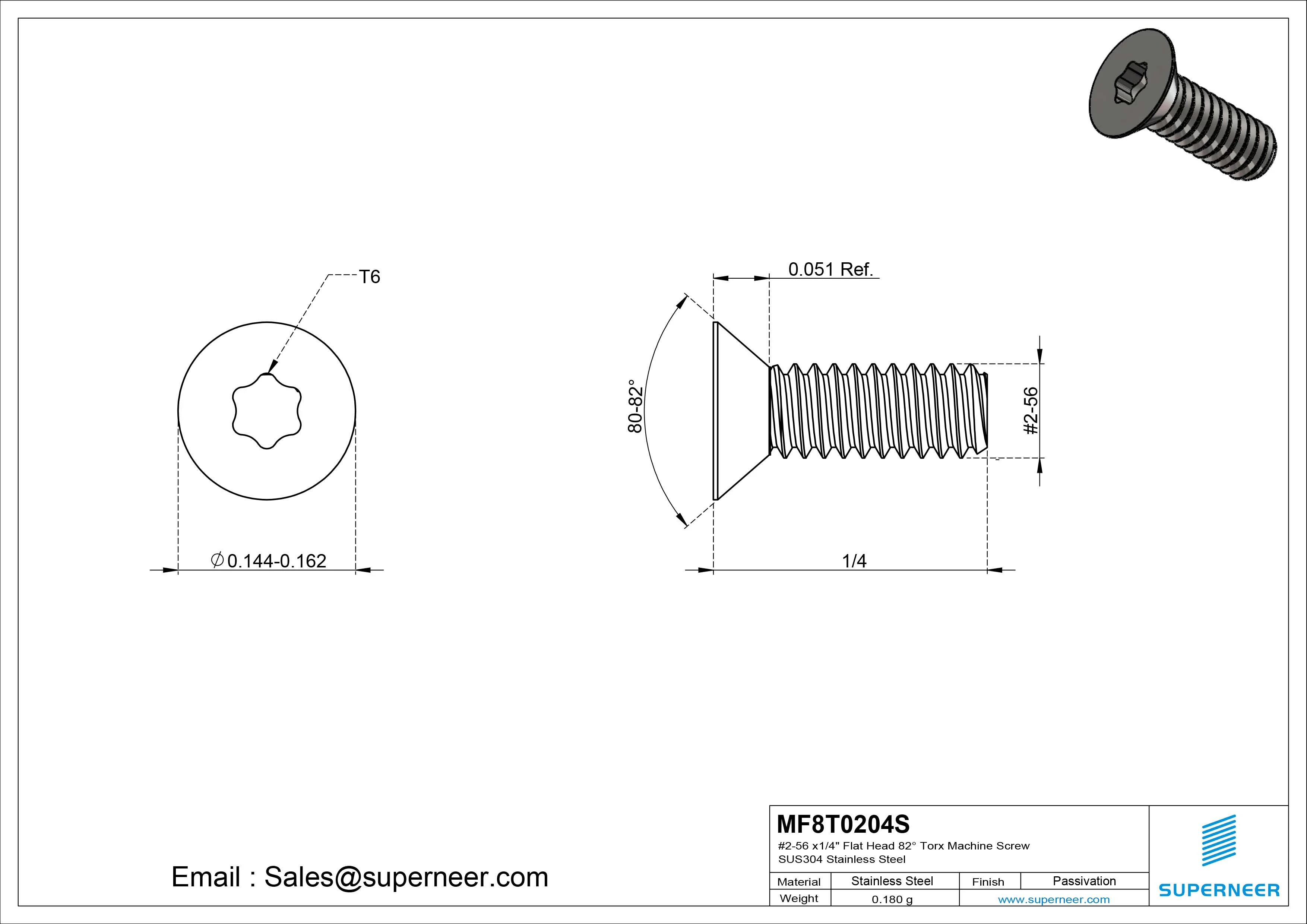 #2-56 x 1/4" Flat Head 82° Torx Machine Screw SUS304 Stainless Steel