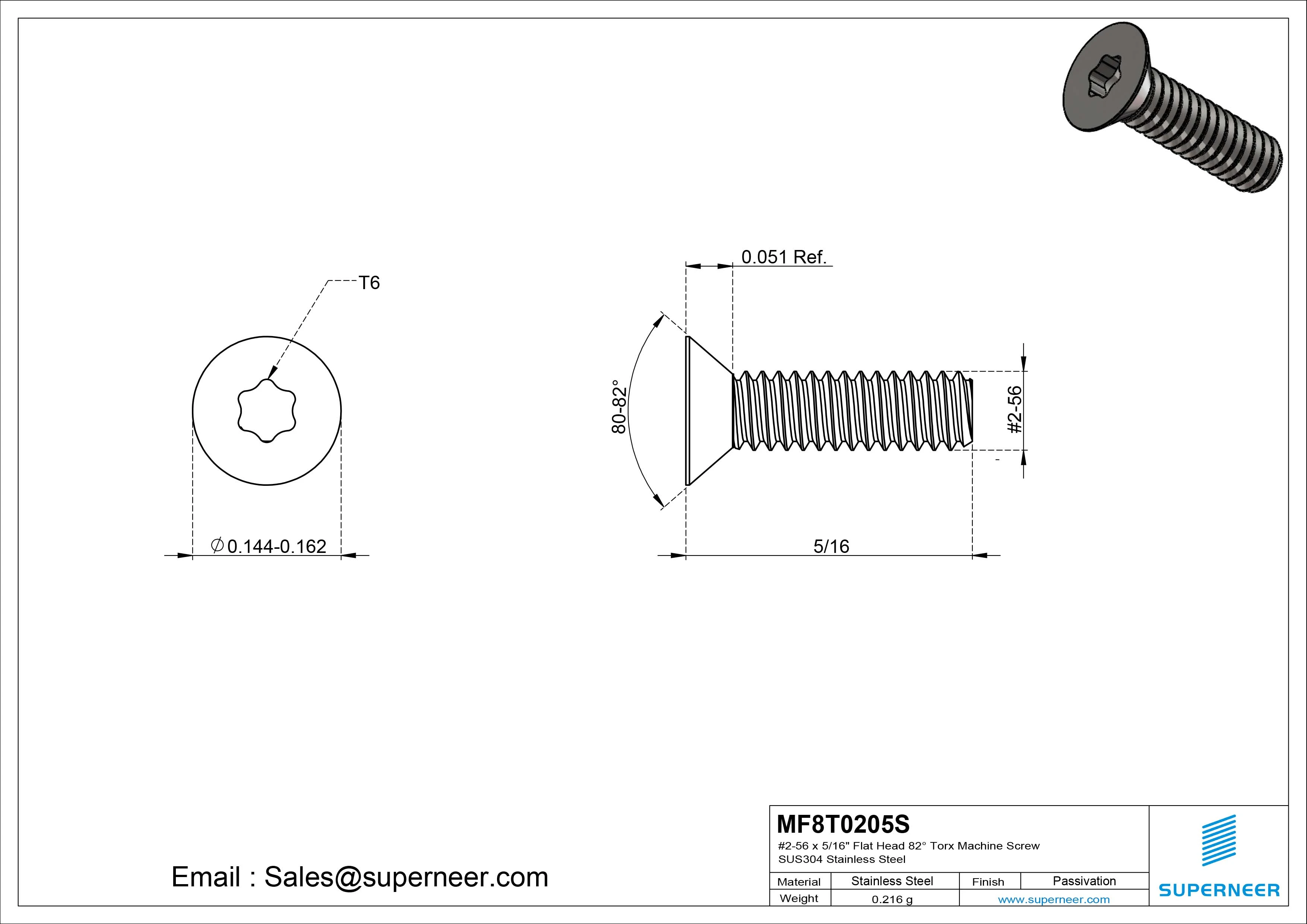 #2-56 x 5/16" Flat Head 82° Torx Machine Screw SUS304 Stainless Steel