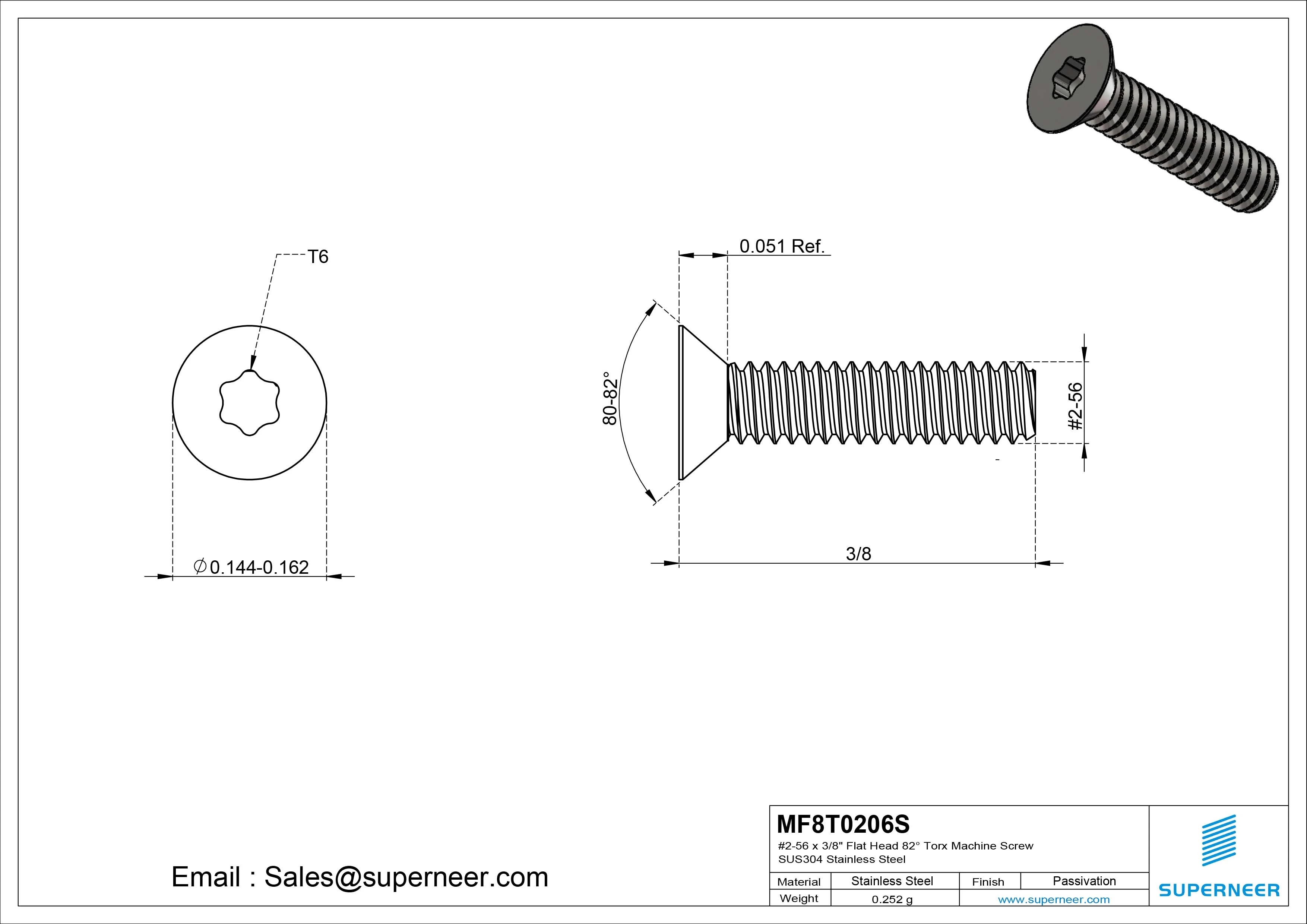 #2-56 x 3/8" Flat Head 82° Torx Machine Screw SUS304 Stainless Steel