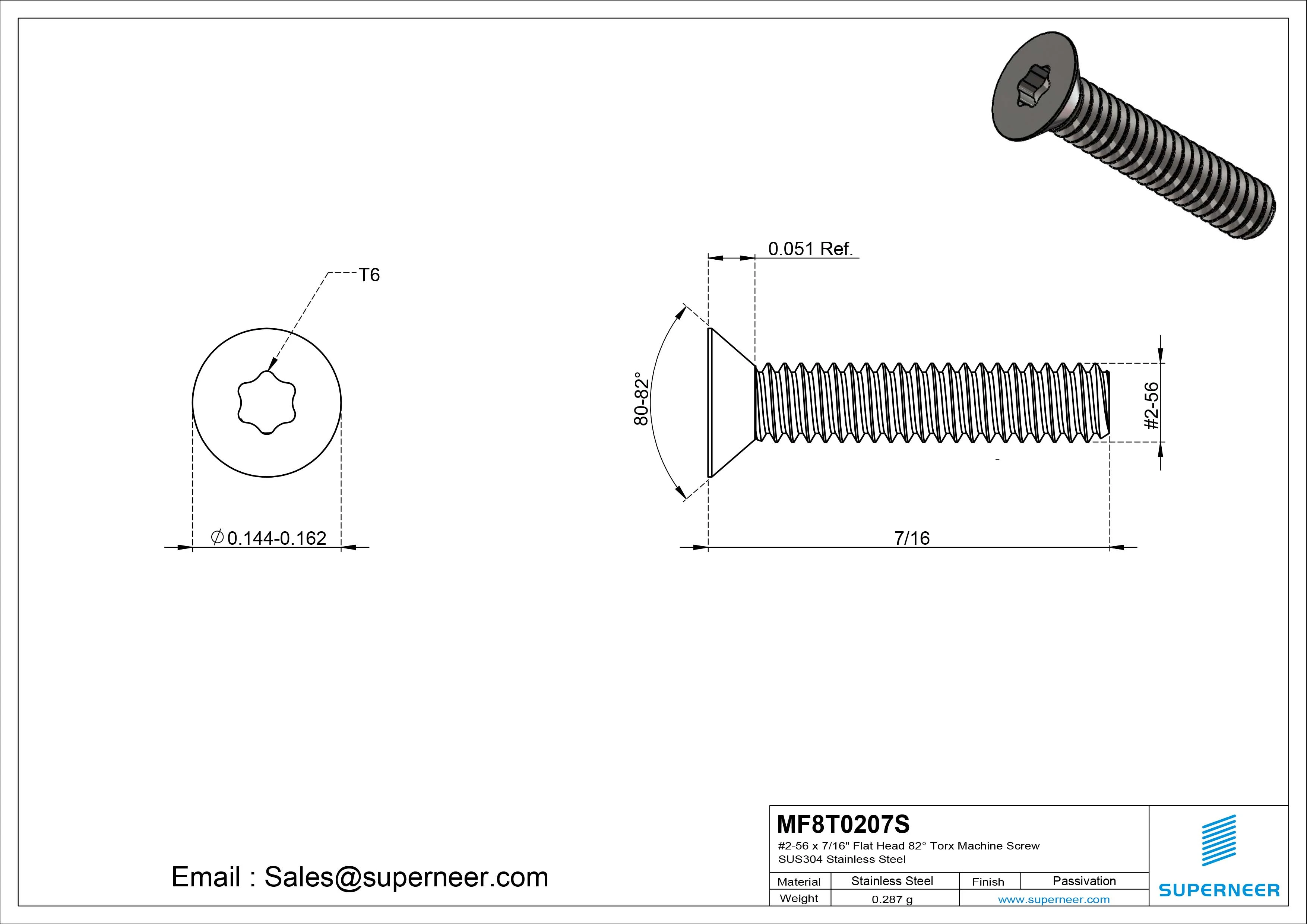 #2-56 x 7/16" Flat Head 82° Torx Machine Screw SUS304 Stainless Steel
