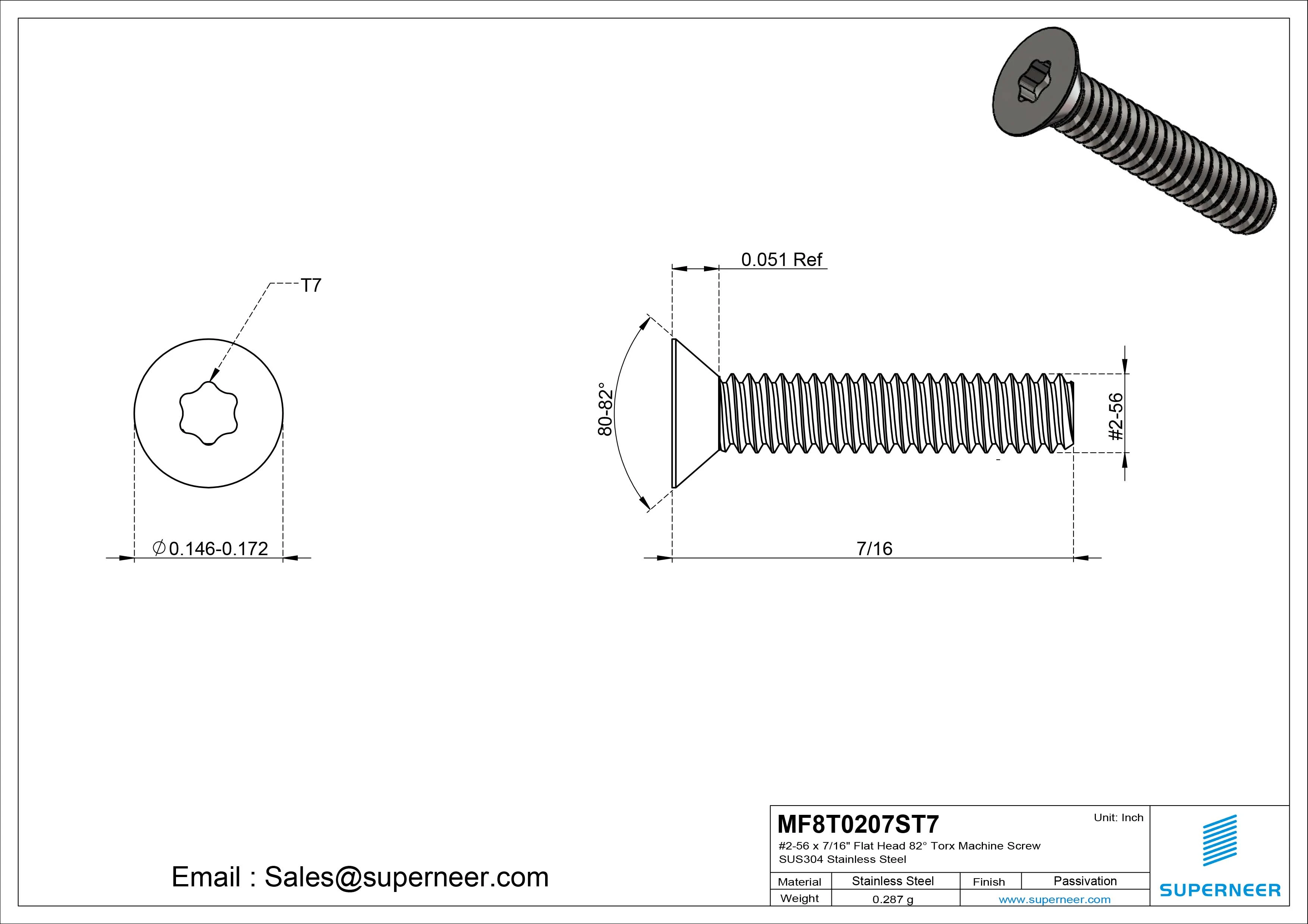#2-56 x 7/16" Flat Head 82° Torx T7 Machine Screw SUS304 Stainless Steel