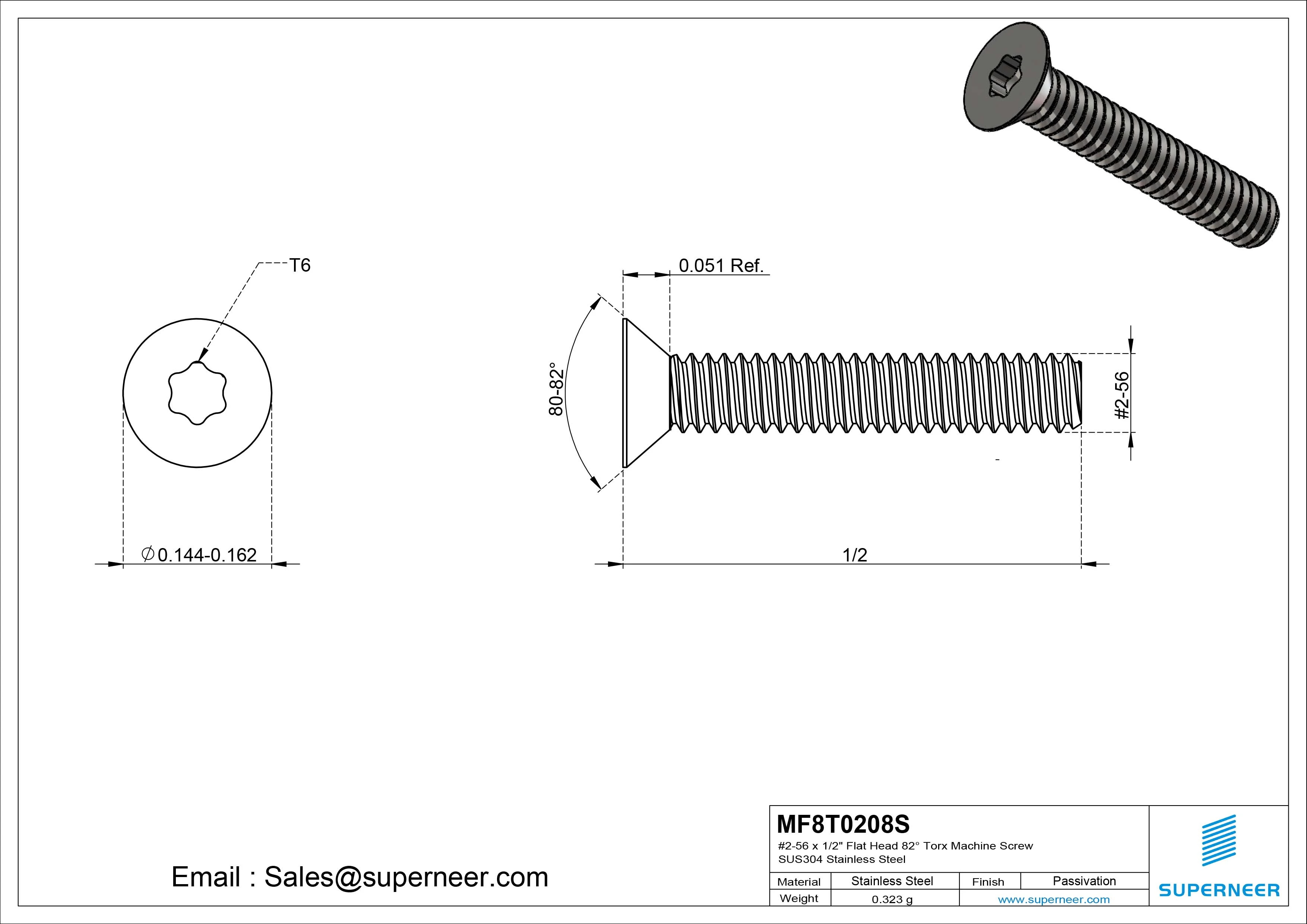 #2-56 x 1/2" Flat Head 82° Torx Machine Screw SUS304 Stainless Steel