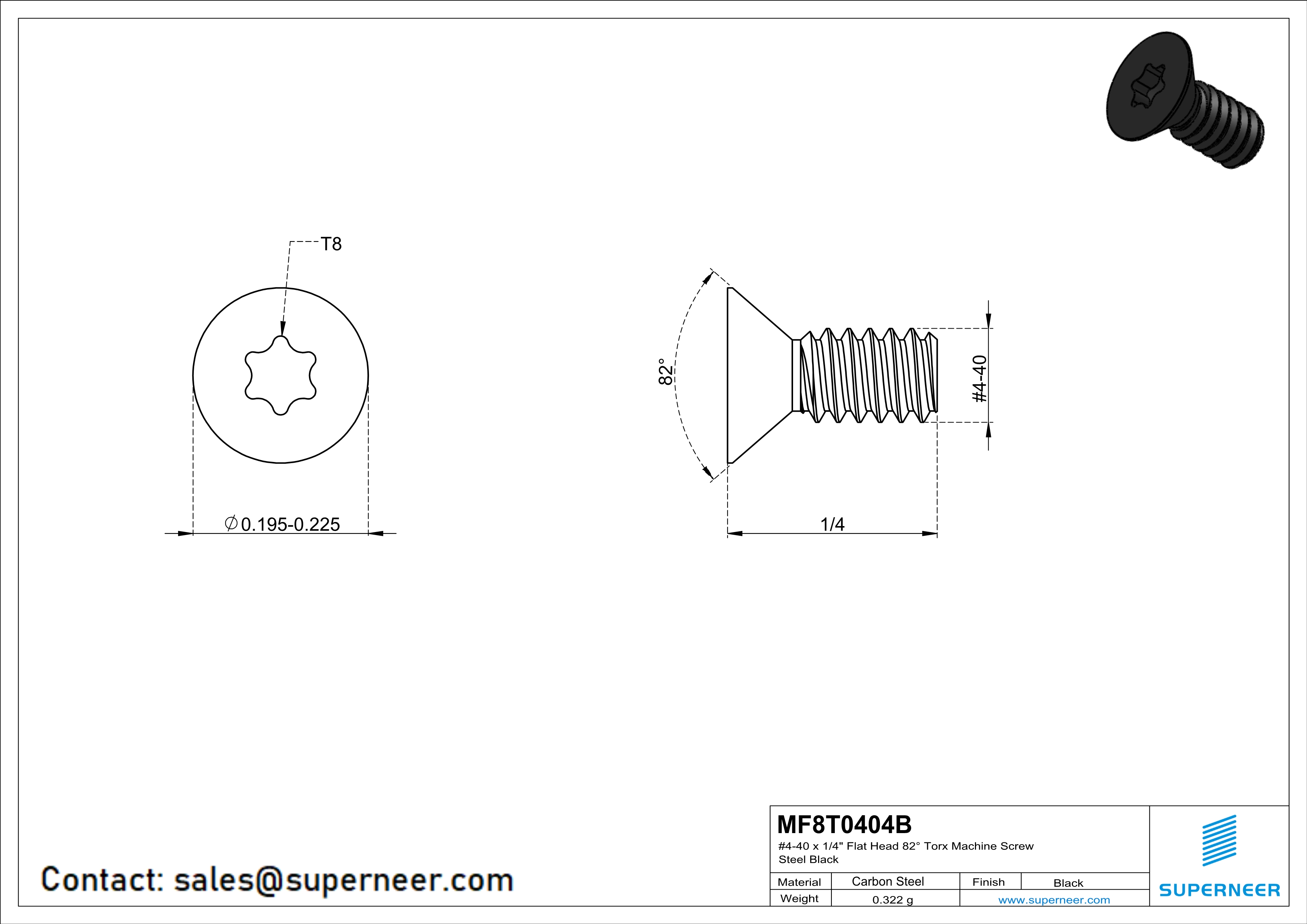 4-40 x 1/4" Flat Head 82° Torx Machine Screw Steel Black