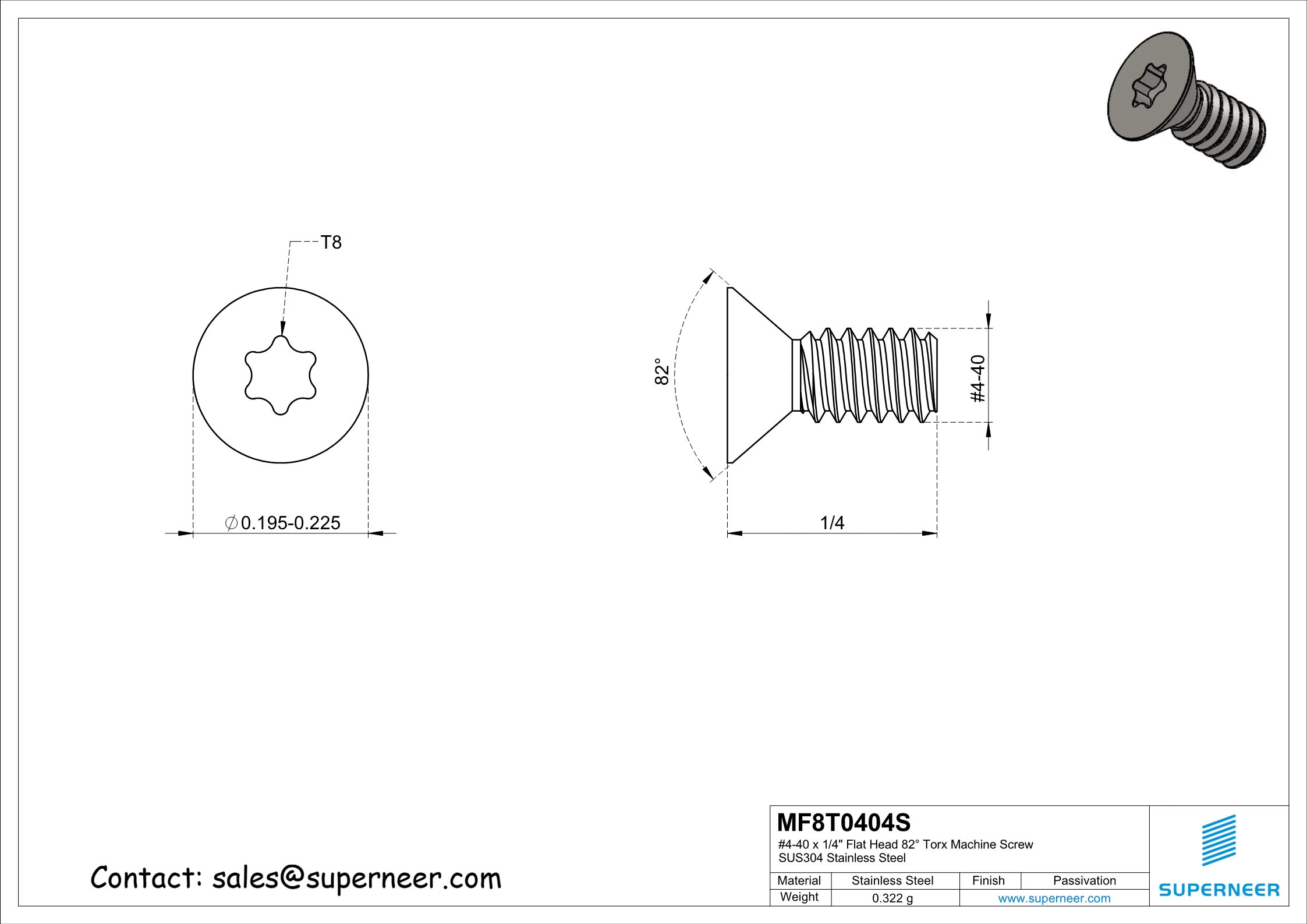 4-40 x 1/4" Flat Head 82° Torx Machine Screw SUS304 Stainless Steel Inox