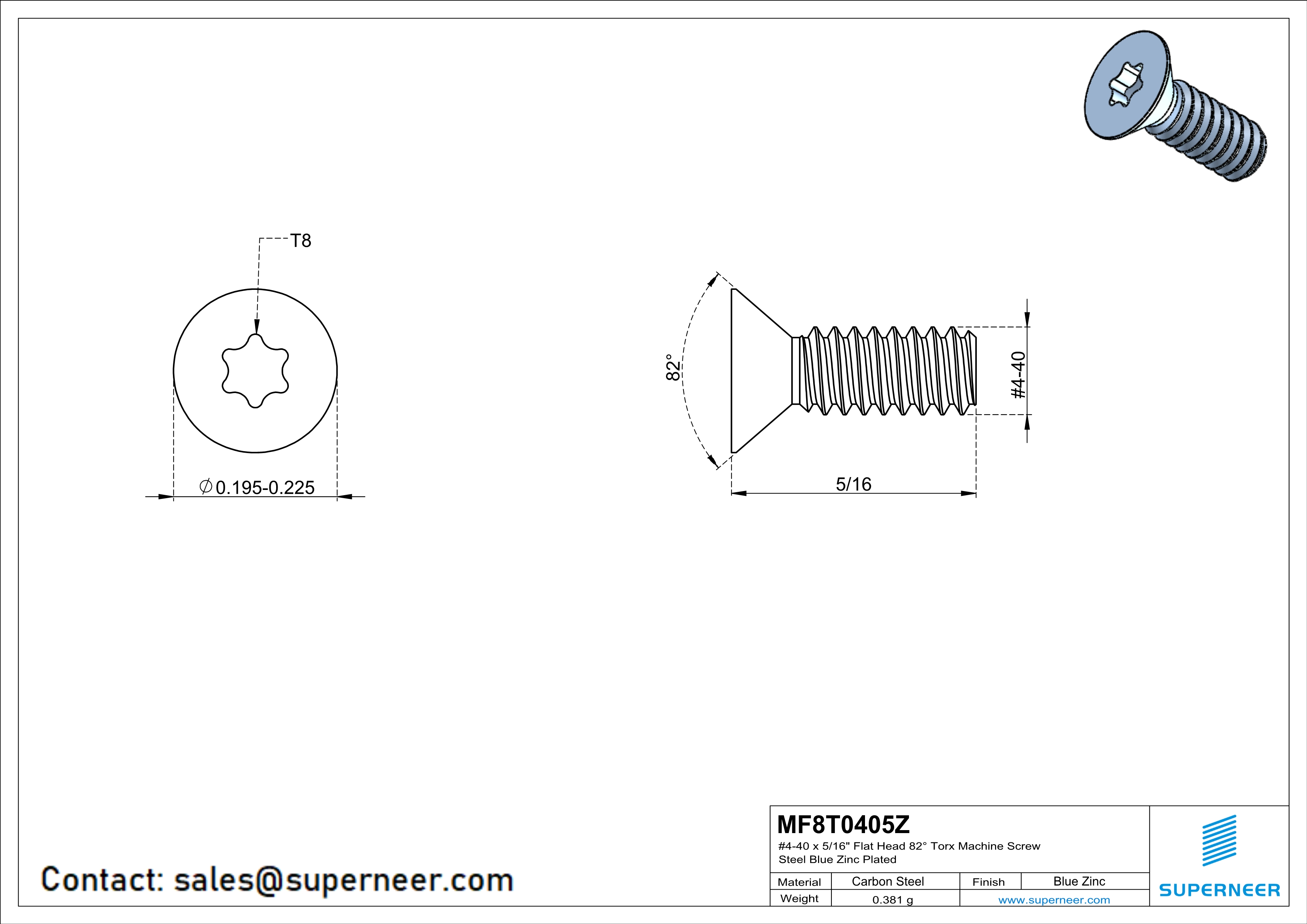 4-40 x 5/16" Flat Head 82° Torx Machine Screw Steel Blue Zinc Plated