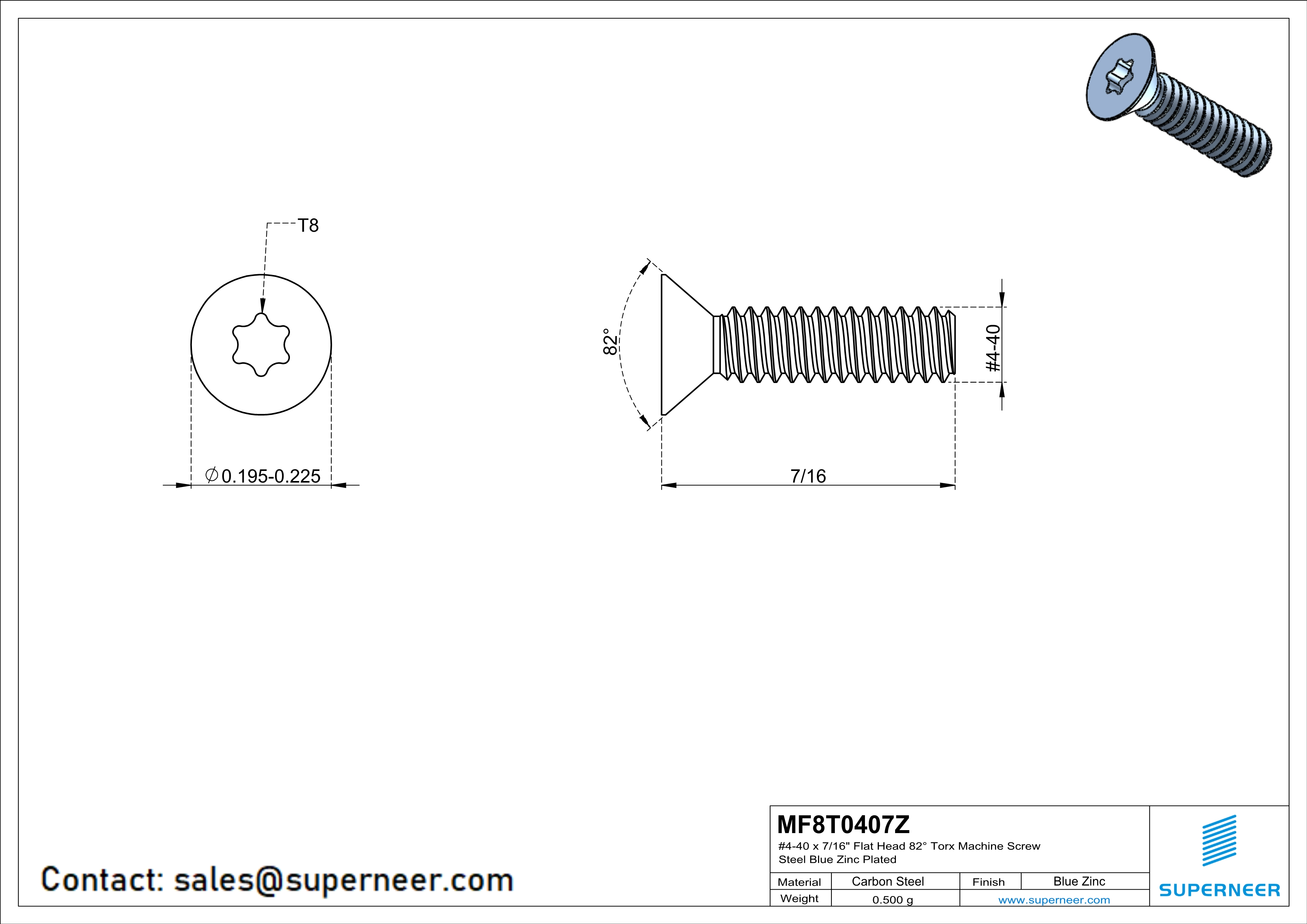 4-40 x 7/16" Flat Head 82° Torx Machine Screw Steel Blue Zinc Plated