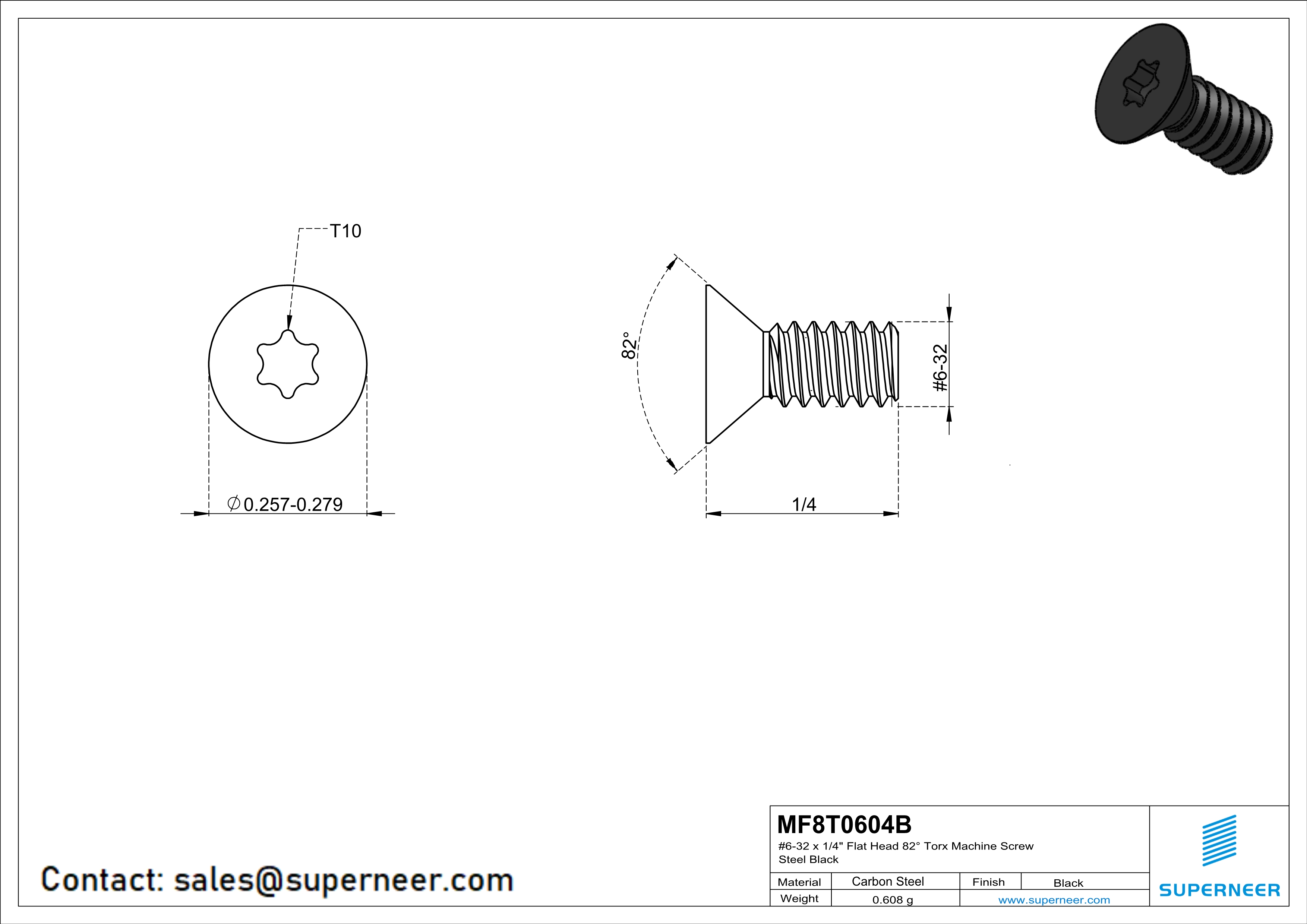 6-32 x 1/4" Flat Head 82° Torx Machine Screw Steel Black