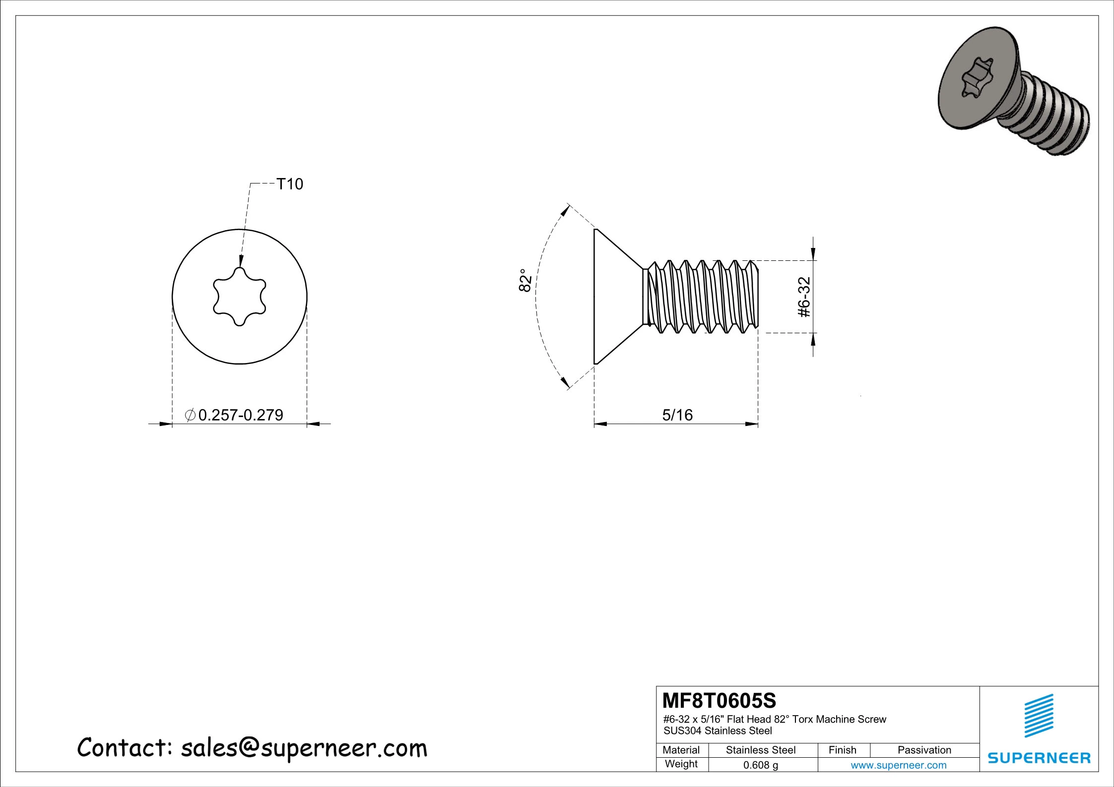 6-32 x 5/16" Flat Head 82° Torx Machine Screw SUS304 Stainless Steel Inox