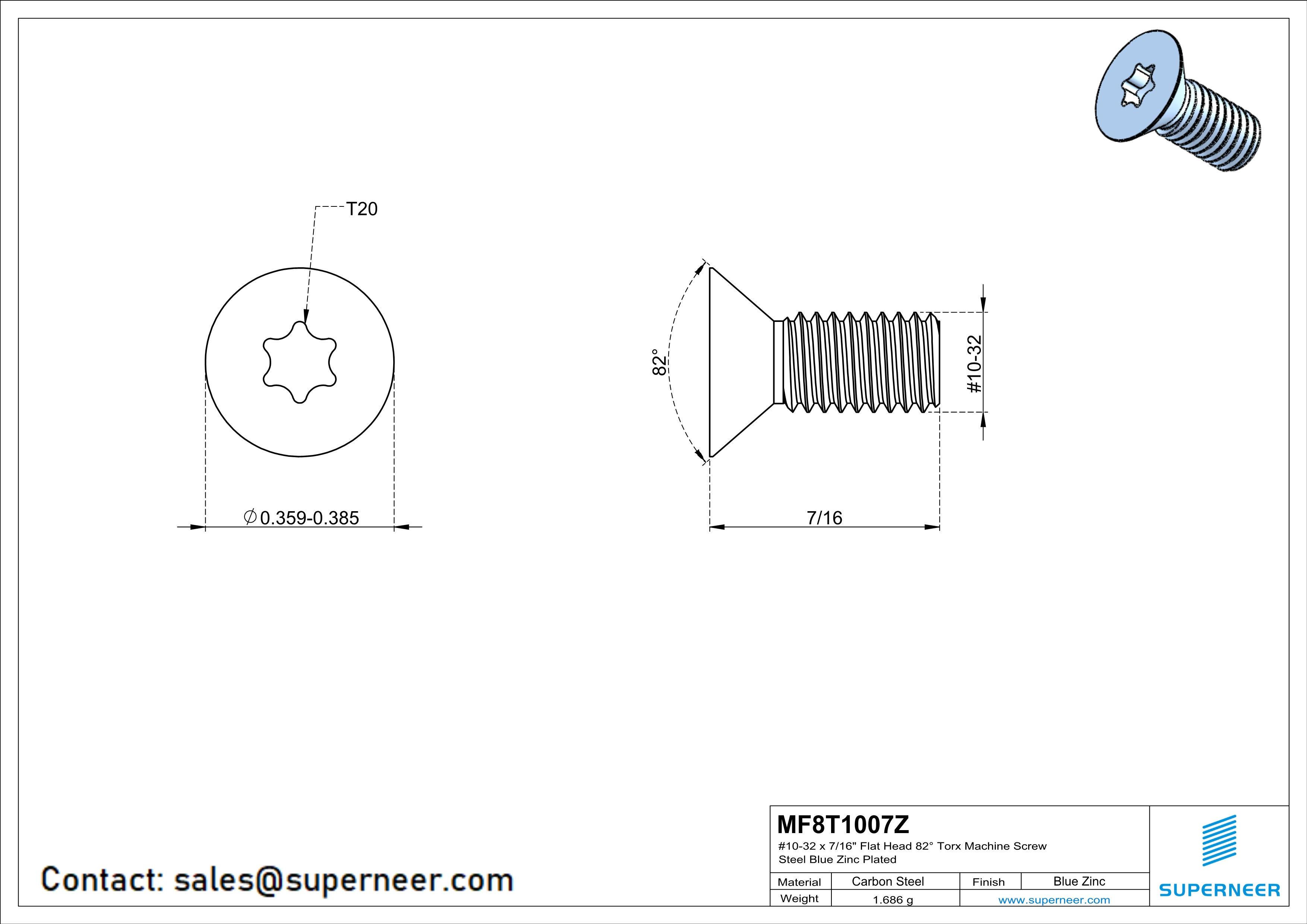 10-32 x 7/16" Flat Head 82° Torx Machine Screw Steel Blue Zinc Plated
