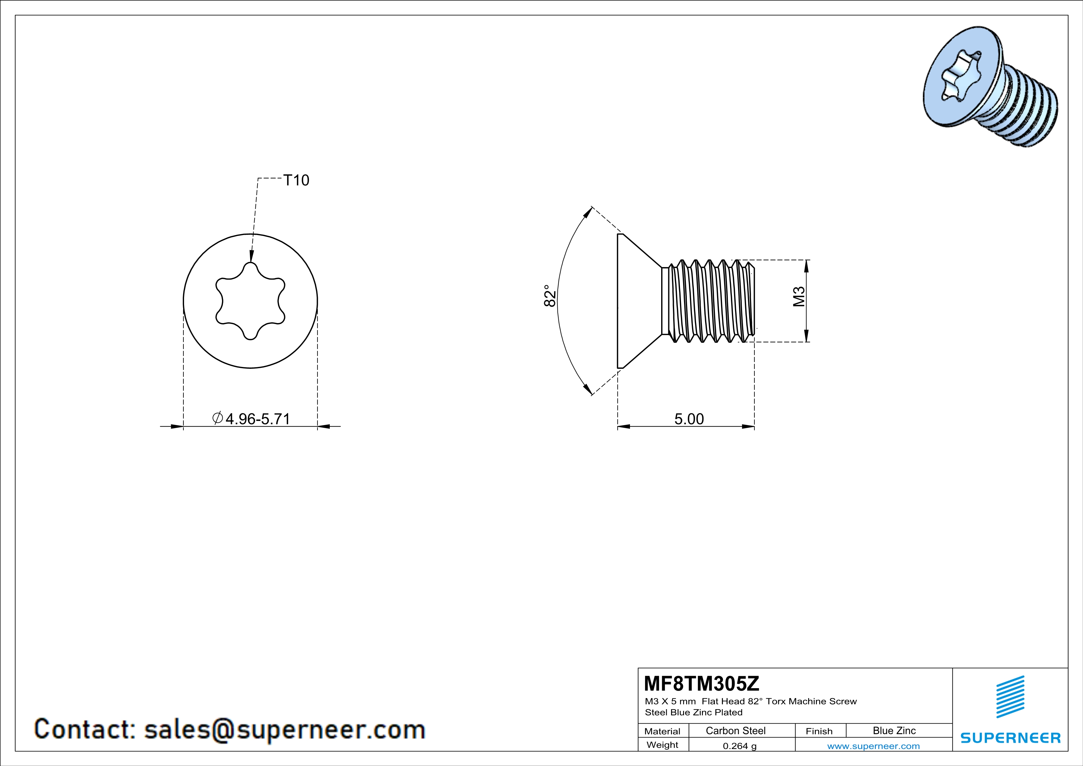 M3 x 5 mm Flat Head 82° Torx Machine Screw Steel Blue Zinc Plated