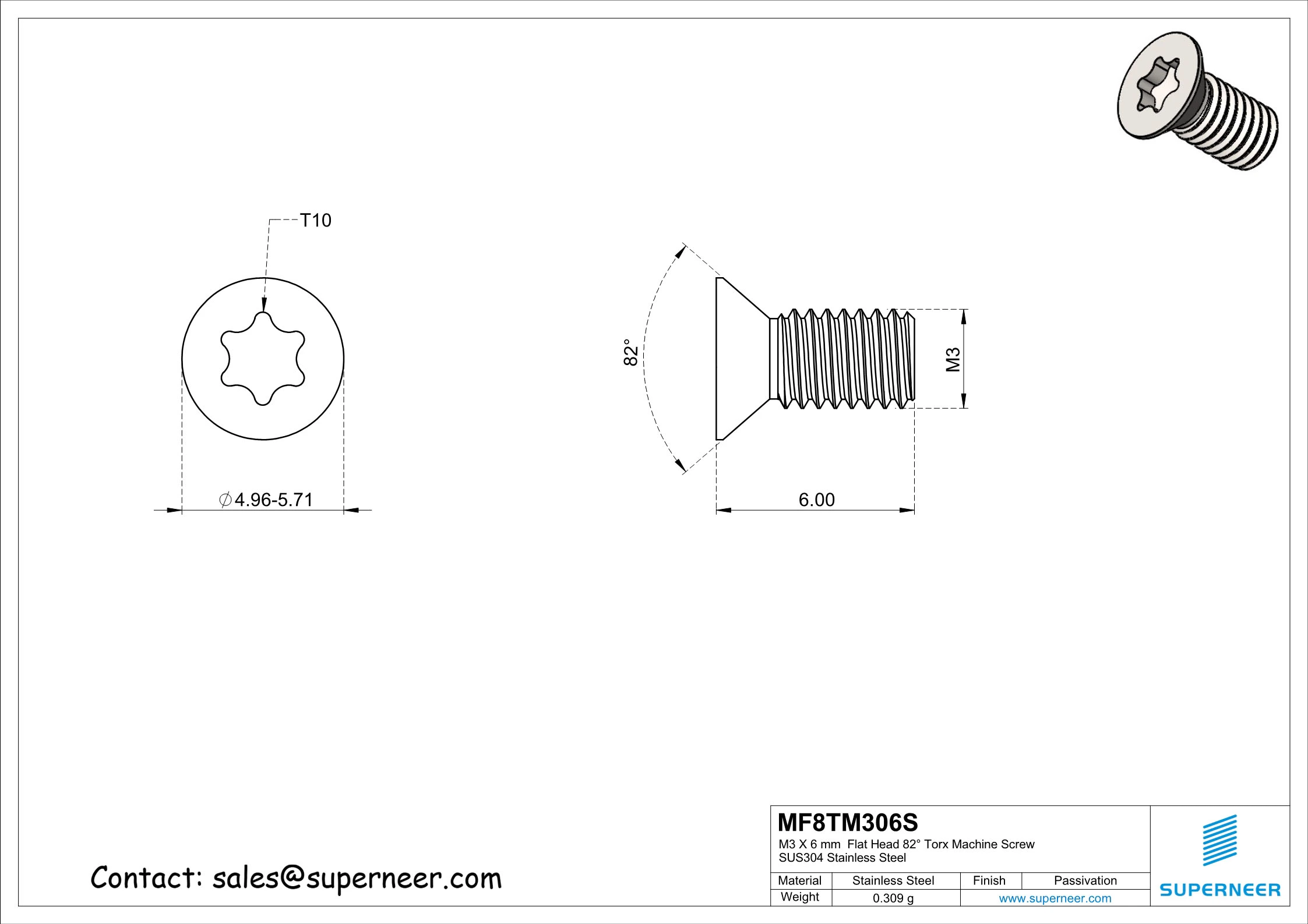 M3 x 6 mm Flat Head 82° Torx Machine Screw SUS304 Stainless Steel Inox