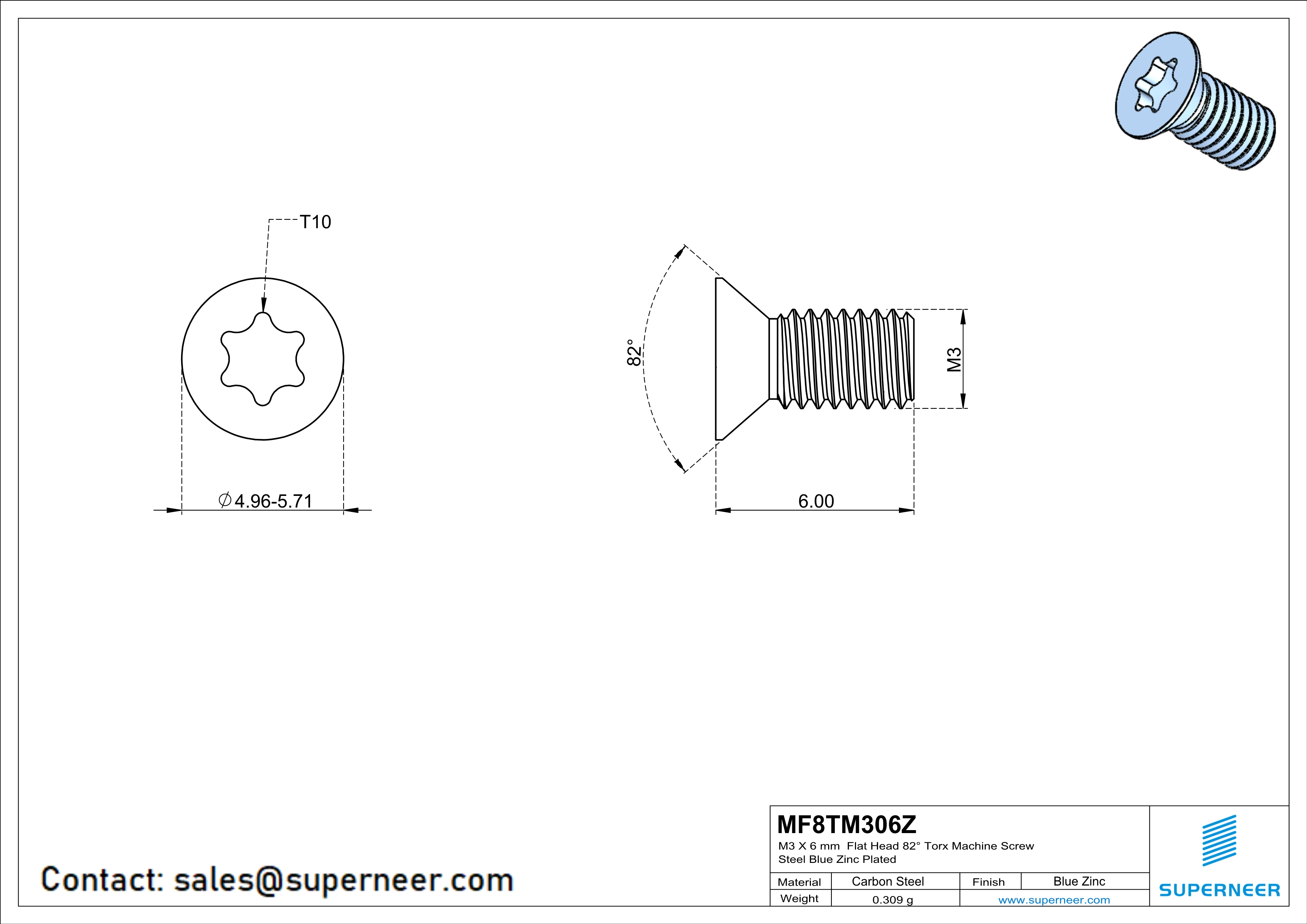 M3 x 6 mm Flat Head 82° Torx Machine Screw Steel Blue Zinc Plated