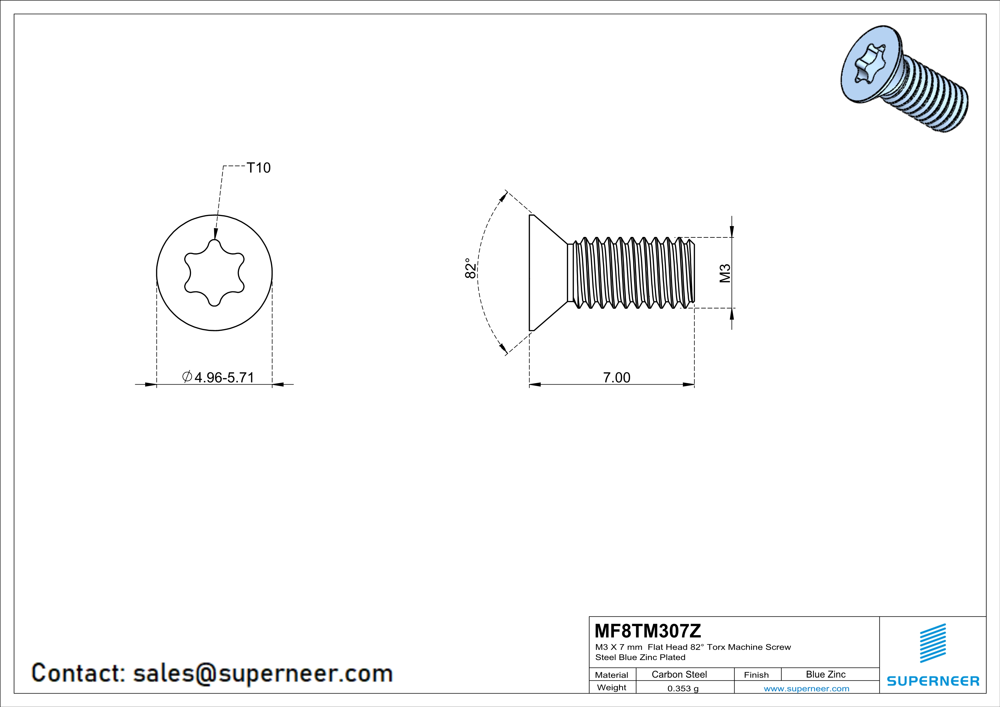 M3 x 7 mm Flat Head 82° Torx Machine Screw Steel Blue Zinc Plated