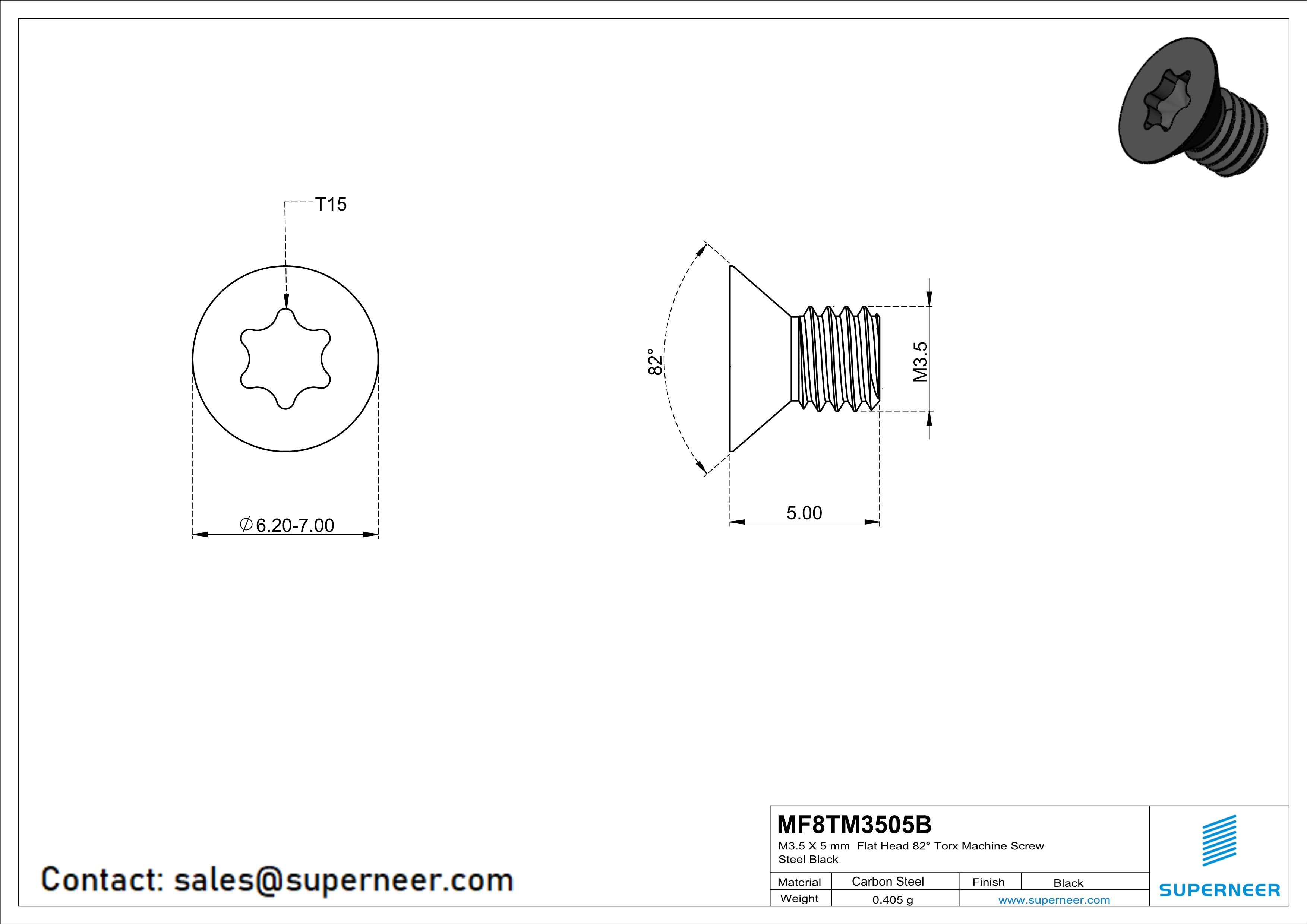 M3.5 x 5 mm Flat Head 82° Torx Machine Screw Steel Black