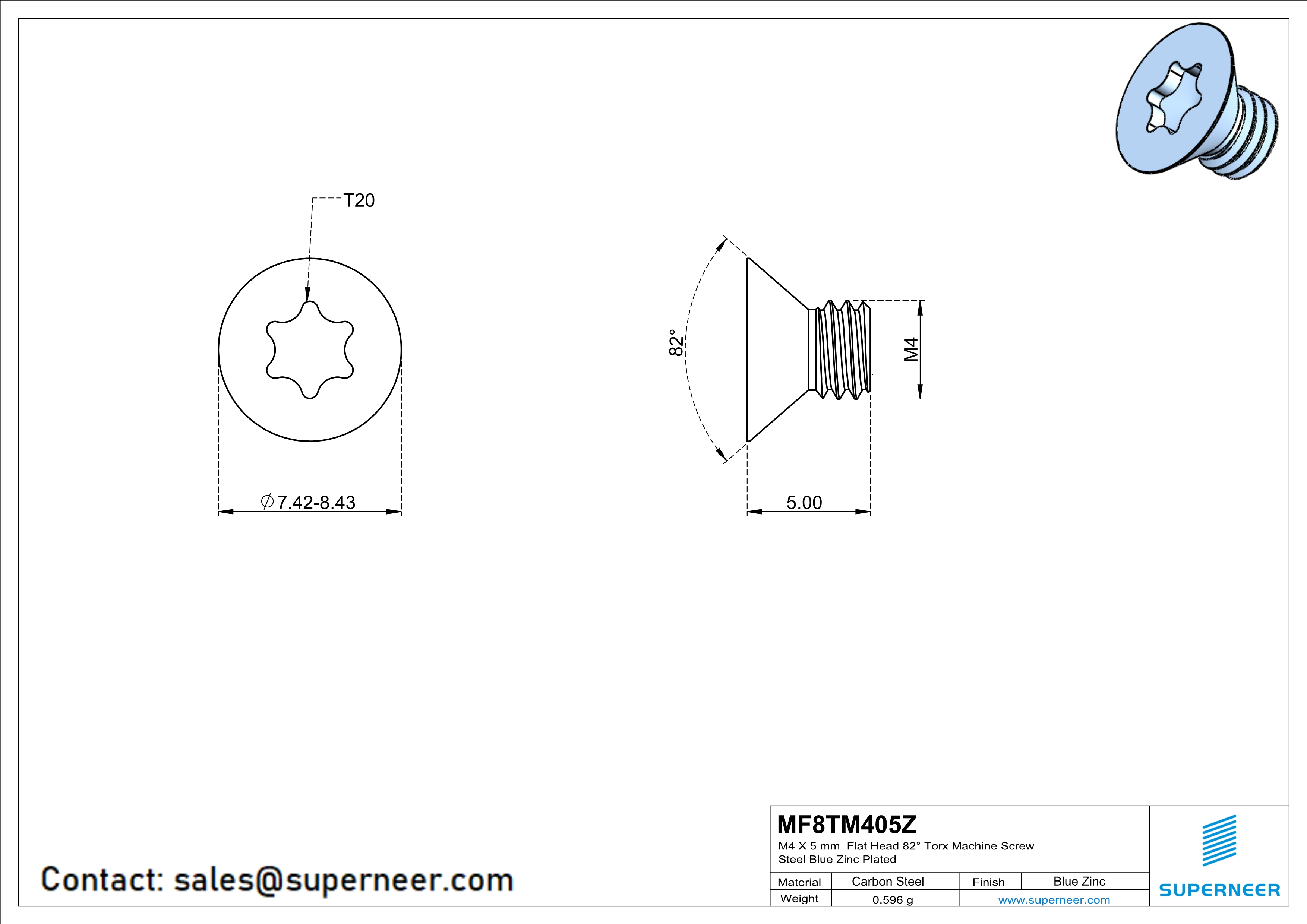 M4 x 5 mm Flat Head 82° Torx Machine Screw Steel Blue Zinc Plated