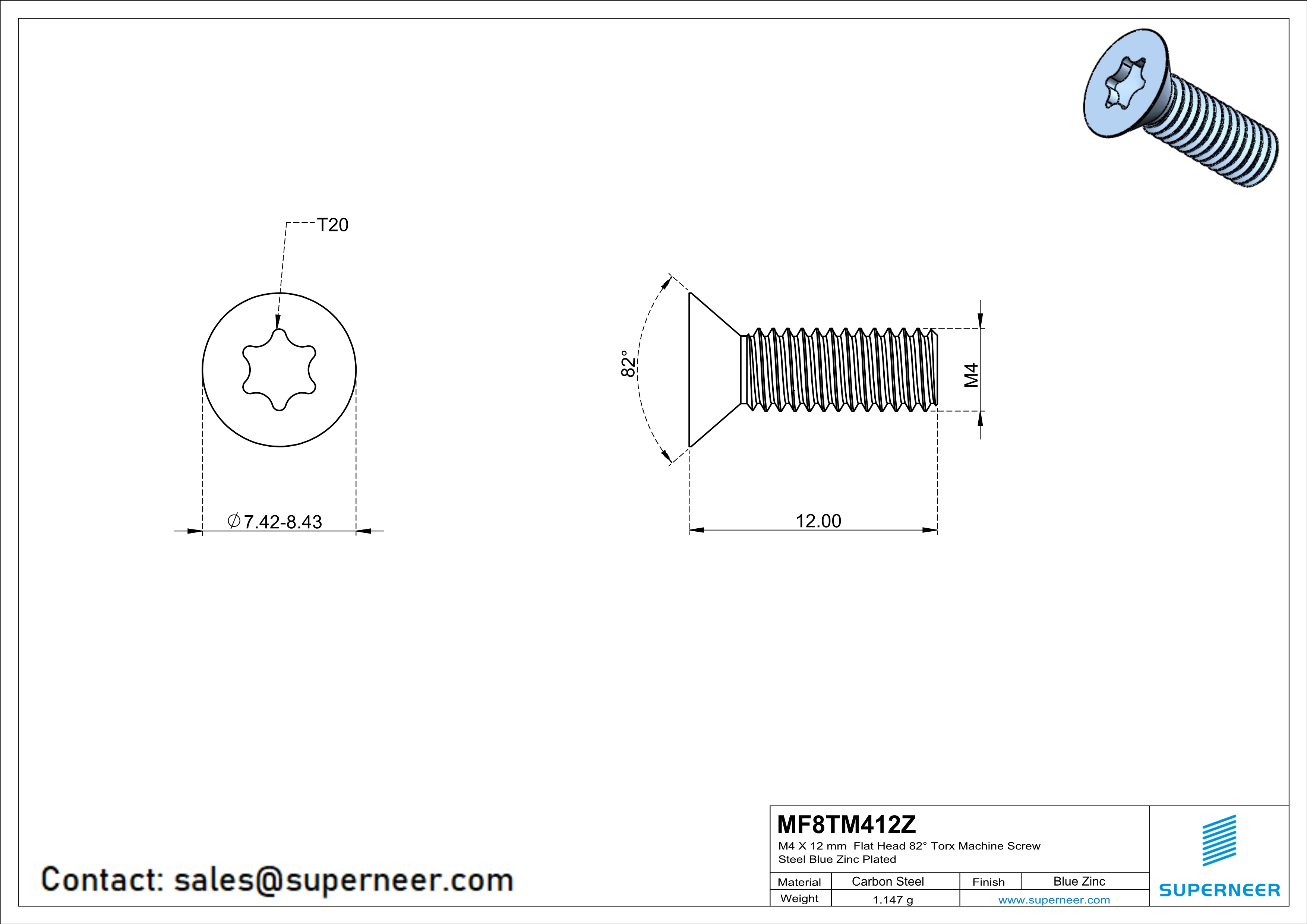 M4 x 12 mm Flat Head 82° Torx Machine Screw Steel Blue Zinc Plated
