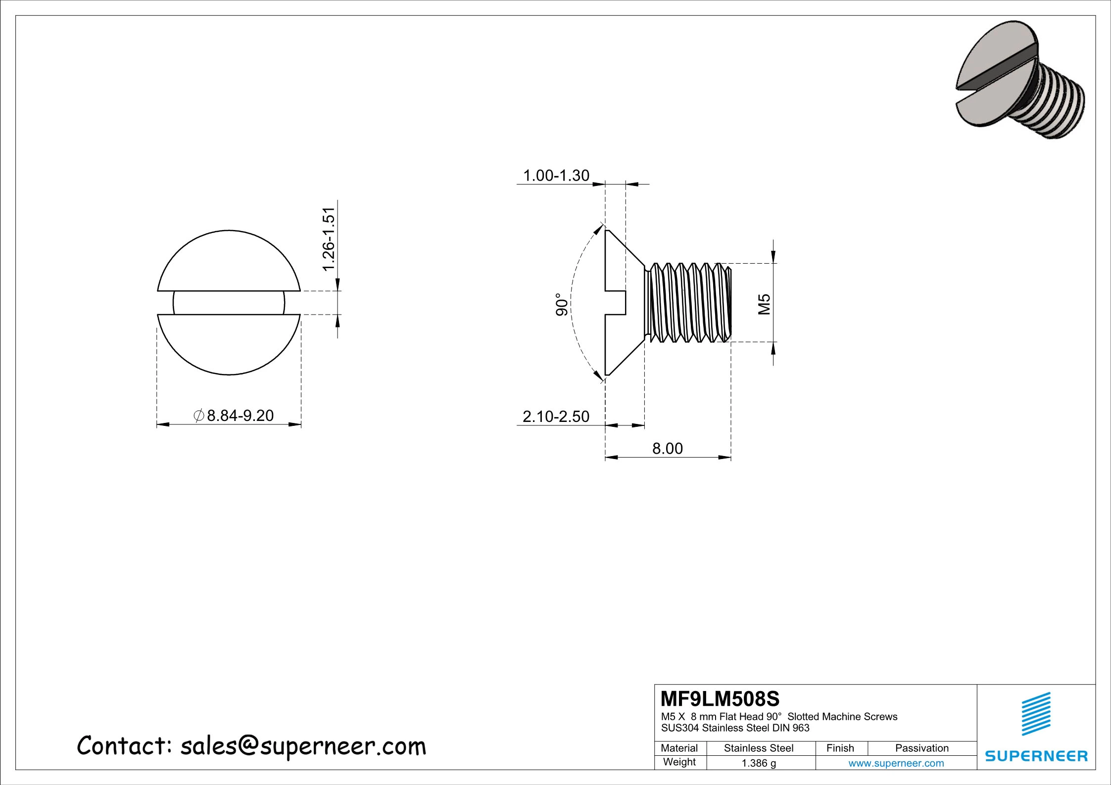 M5 x 8 mm Flat Head 90°  Slotted Machine Screws SUS304 Stainless Steel Inox DIN 963