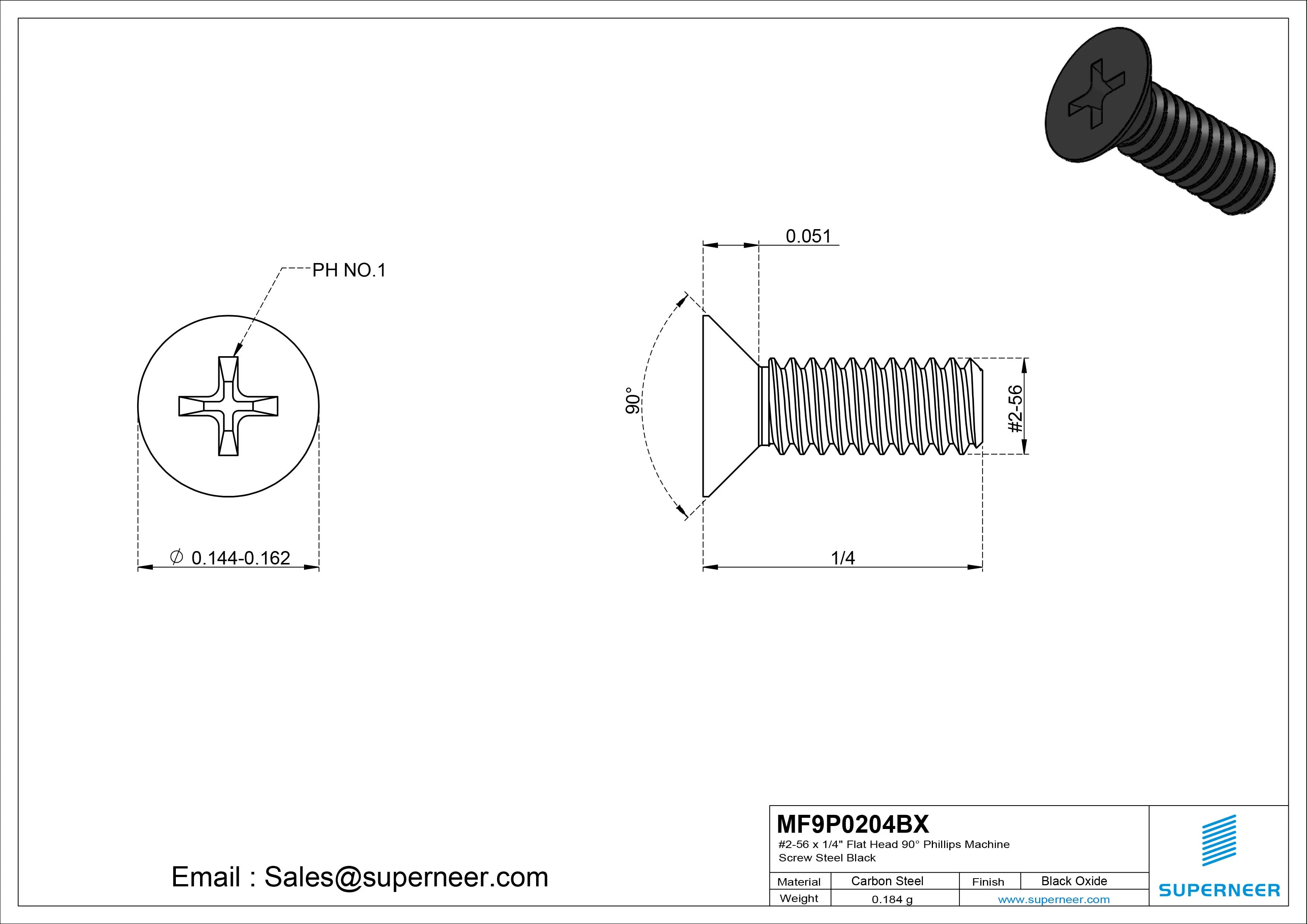 #2-56 x 1/4" Flat Head 90&deg; Phillips Machine Screw Steel Black Oxide ANSI/ASME B18.6.3 