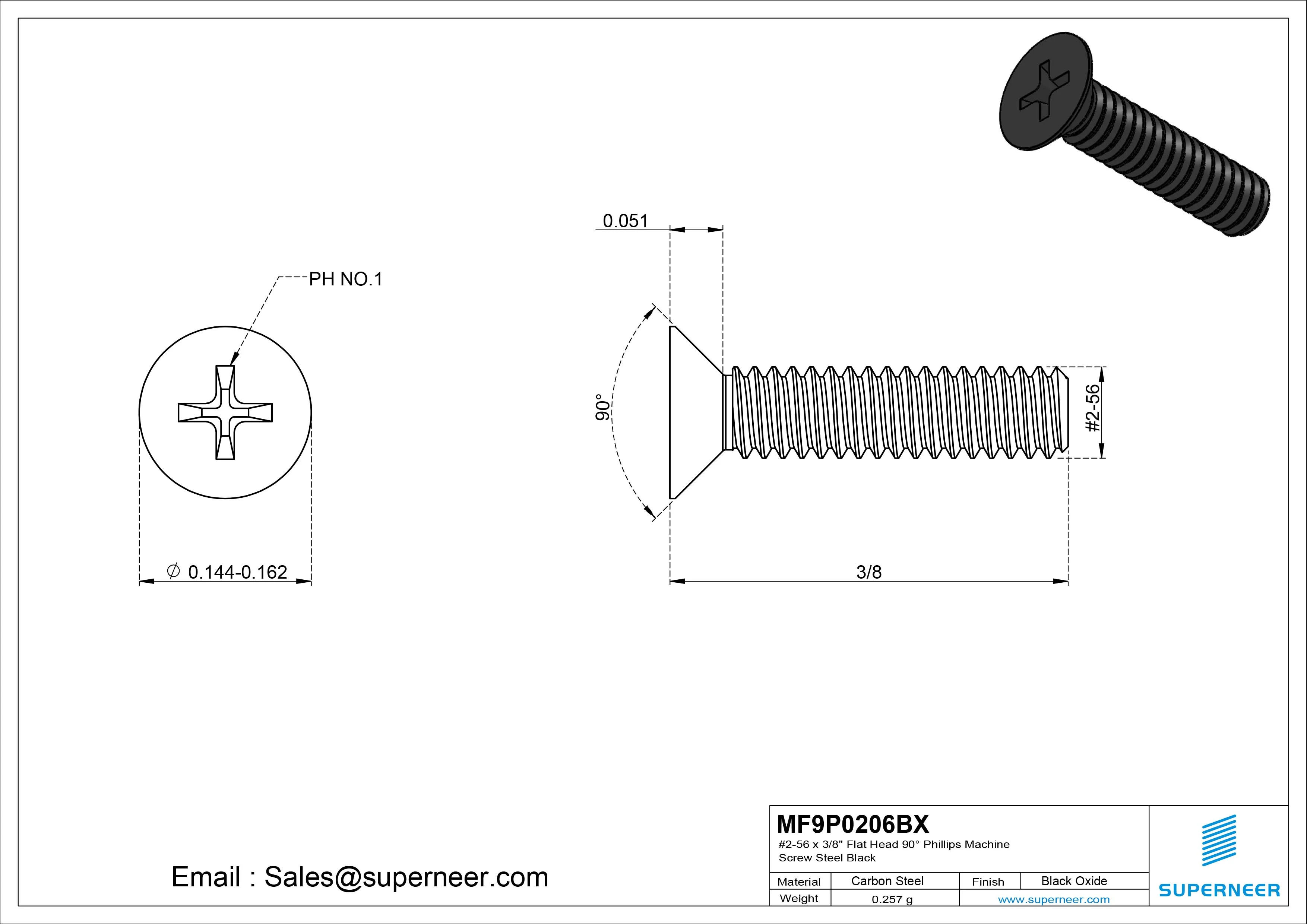 #2-56 x 3/8" Flat Head 90&deg; Phillips Machine Screw Steel Black Oxide ANSI/ASME B18.6.3 
