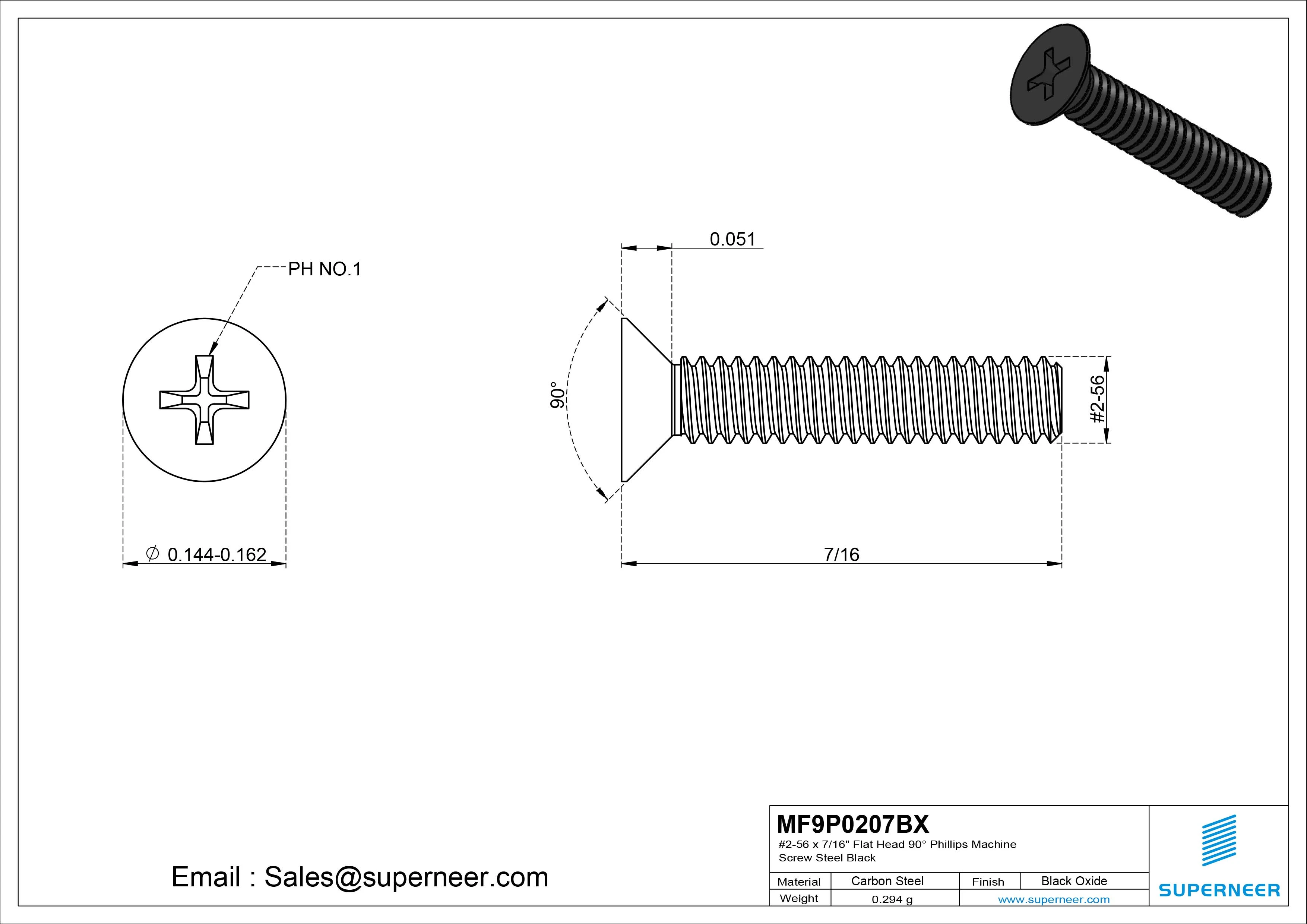 #2-56 x 7/16" Flat Head 90&deg; Phillips Machine Screw Steel Black Oxide ANSI/ASME B18.6.3 