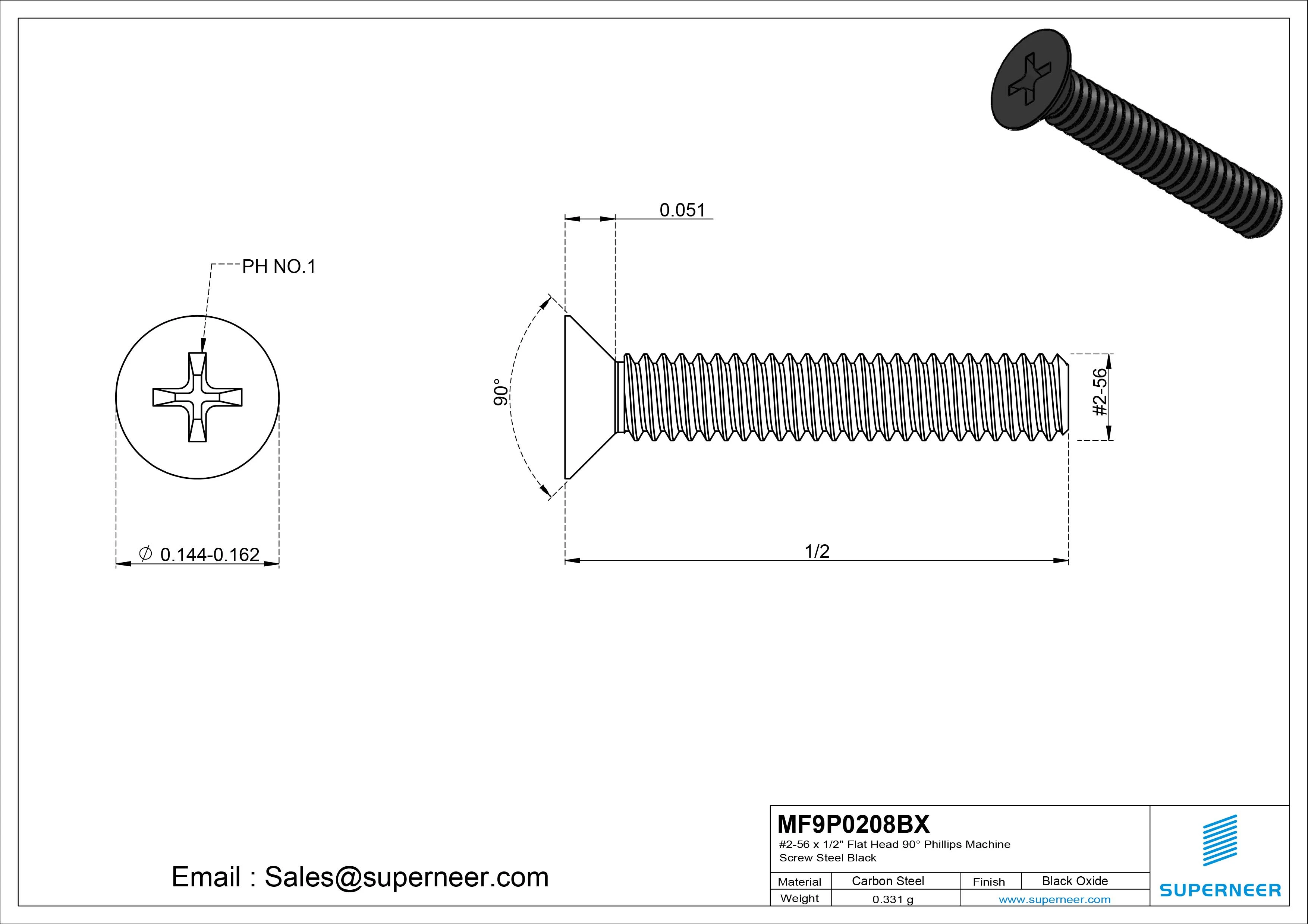 #2-56 x 1/2" Flat Head 90&deg; Phillips Machine Screw Steel Black Oxide ANSI/ASME B18.6.3 
