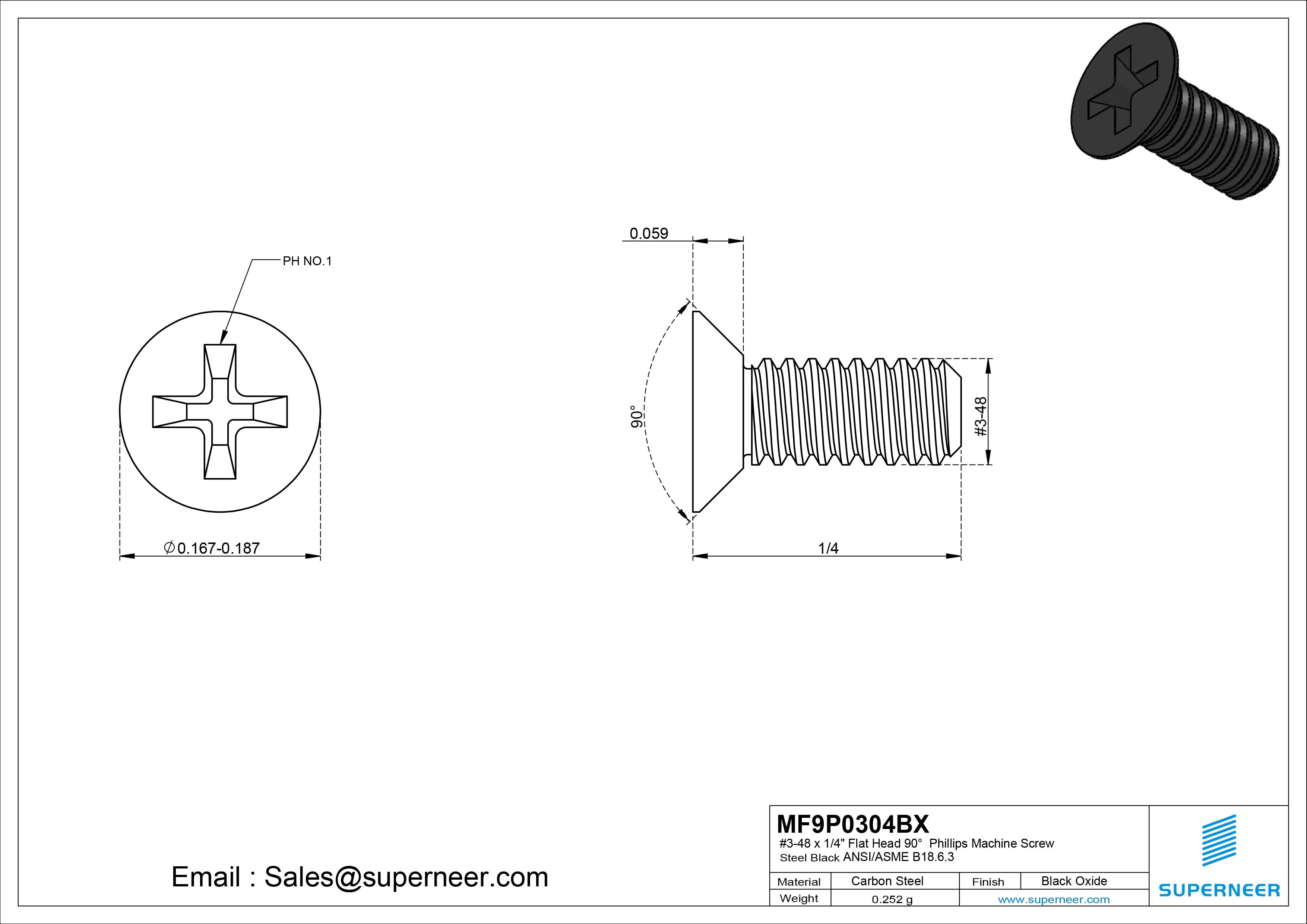 #3-48 x 1/4" Flat Head 90&deg; Phillips Machine Screw Steel Black Oxide ANSI/ASME B18.6.3 