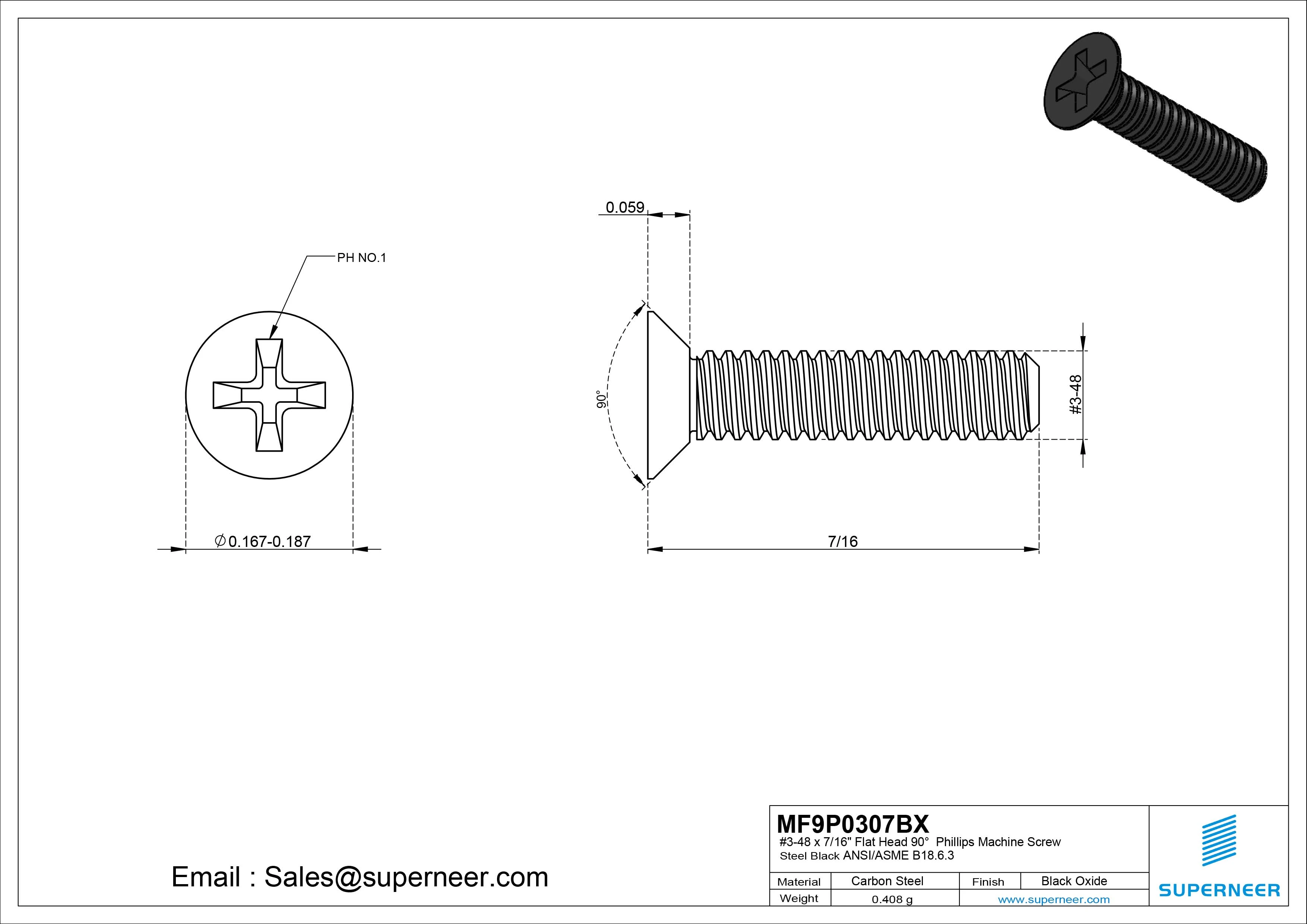 #3-48 x 7/16" Flat Head 90&deg; Phillips Machine Screw Steel Black Oxide ANSI/ASME B18.6.3 