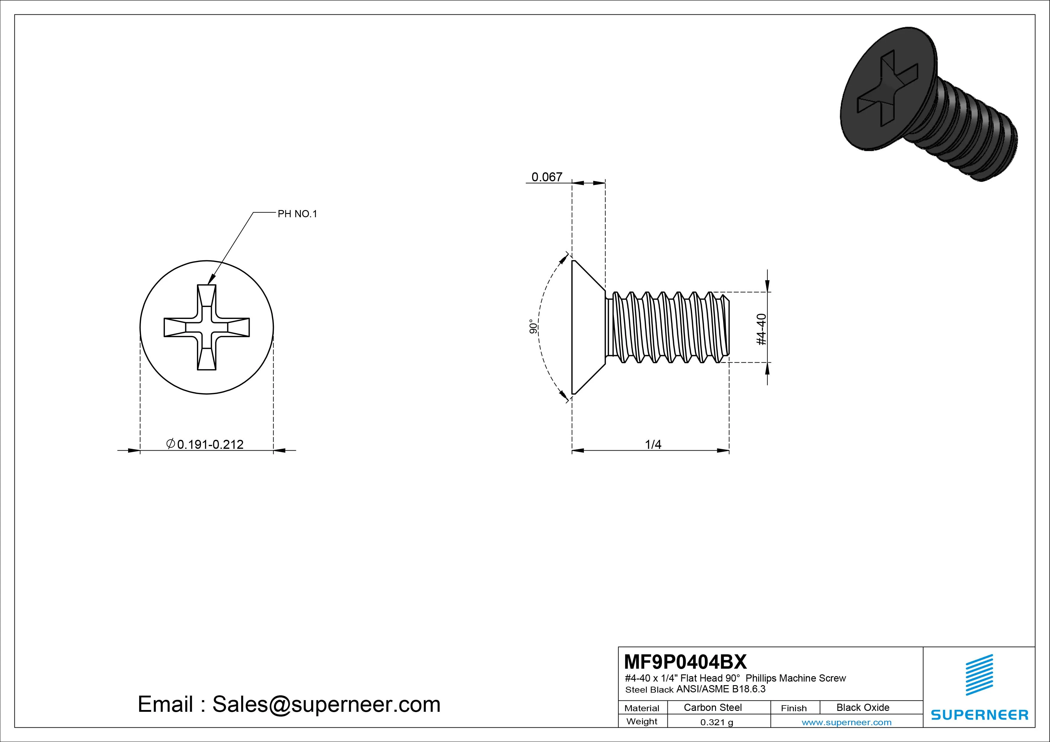 #4-40 x 1/4" Flat Head 90&deg; Phillips Machine Screw Steel Black Oxide ANSI/ASME B18.6.3 