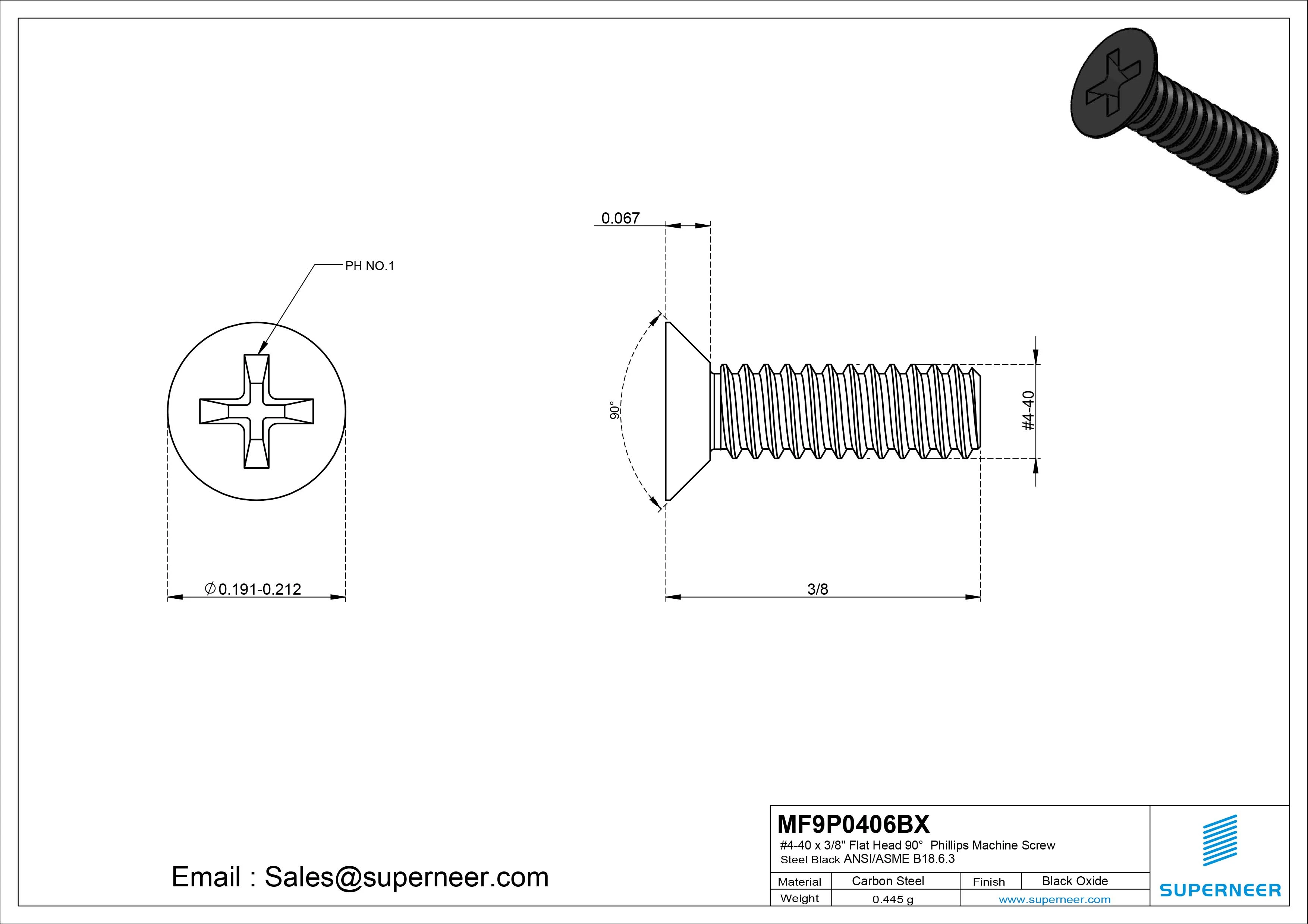 #4-40 x 3/8" Flat Head 90&deg; Phillips Machine Screw Steel Black Oxide ANSI/ASME B18.6.3 