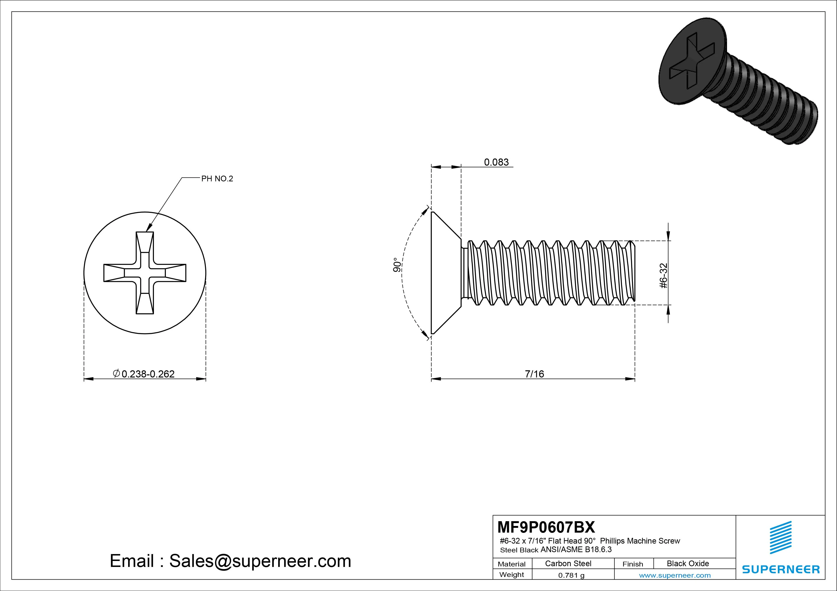 #6-32 x 7/16" Flat Head 90&deg; Phillips Machine Screw Steel Black Oxide ANSI/ASME B18.6.3 
